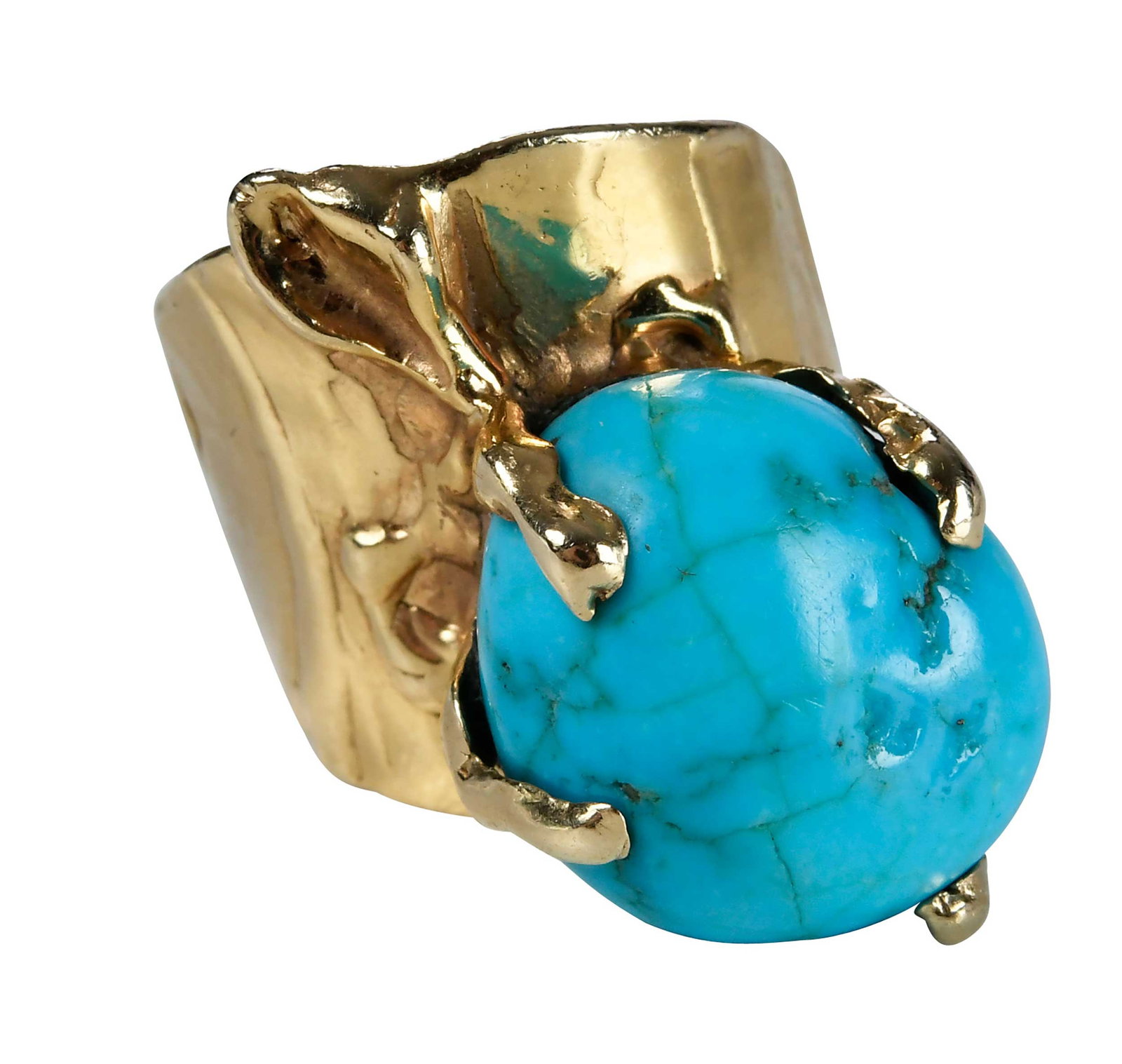 14kt. Organic Style Turquoise Ring: freefrom turquoise, approx. 16.0mm, maker's mark, marked "14K", yellow gold, 6-3/4 ring sz., 15.3 g Provenance: Collection of Dr. George and Connie Manger Note: Brunk Auctions makes no warranty or gua