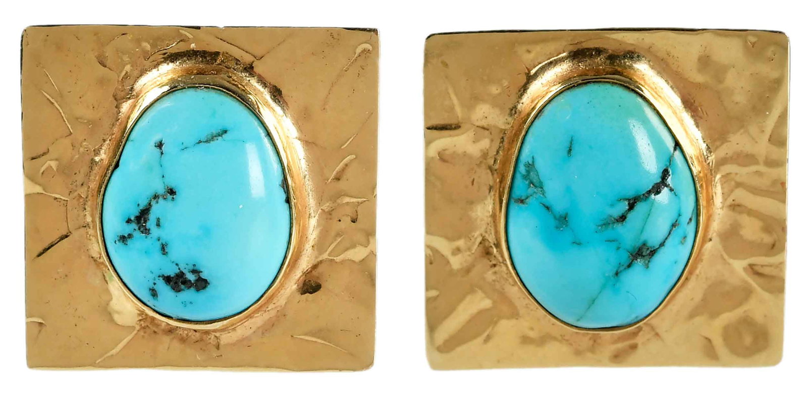 14kt. Organic Style Turquoise Earrings: two freefrom turquoise, approx. 16.0 x 14.0mm, marked "14K", yellow gold, post backs, 13.7 g Provenance: Collection of Dr. George and Connie Manger Note: Brunk Auctions makes no warranty or guarantee