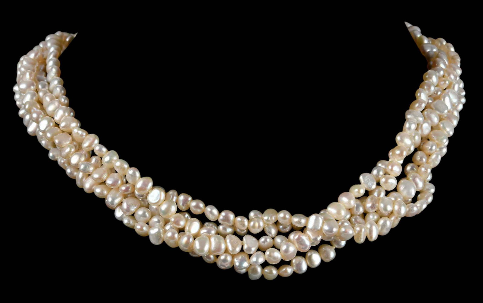 14kt. Pearl Necklace with Diamond Baroque Pearl Clasp: five strand freshwater baroque pearls, five round faceted diamonds, five baroque pearls, maker's mark, marked "14K", yellow gold, 16 in. length, 93.5 g Provenance: Collection of Dr. George and Connie