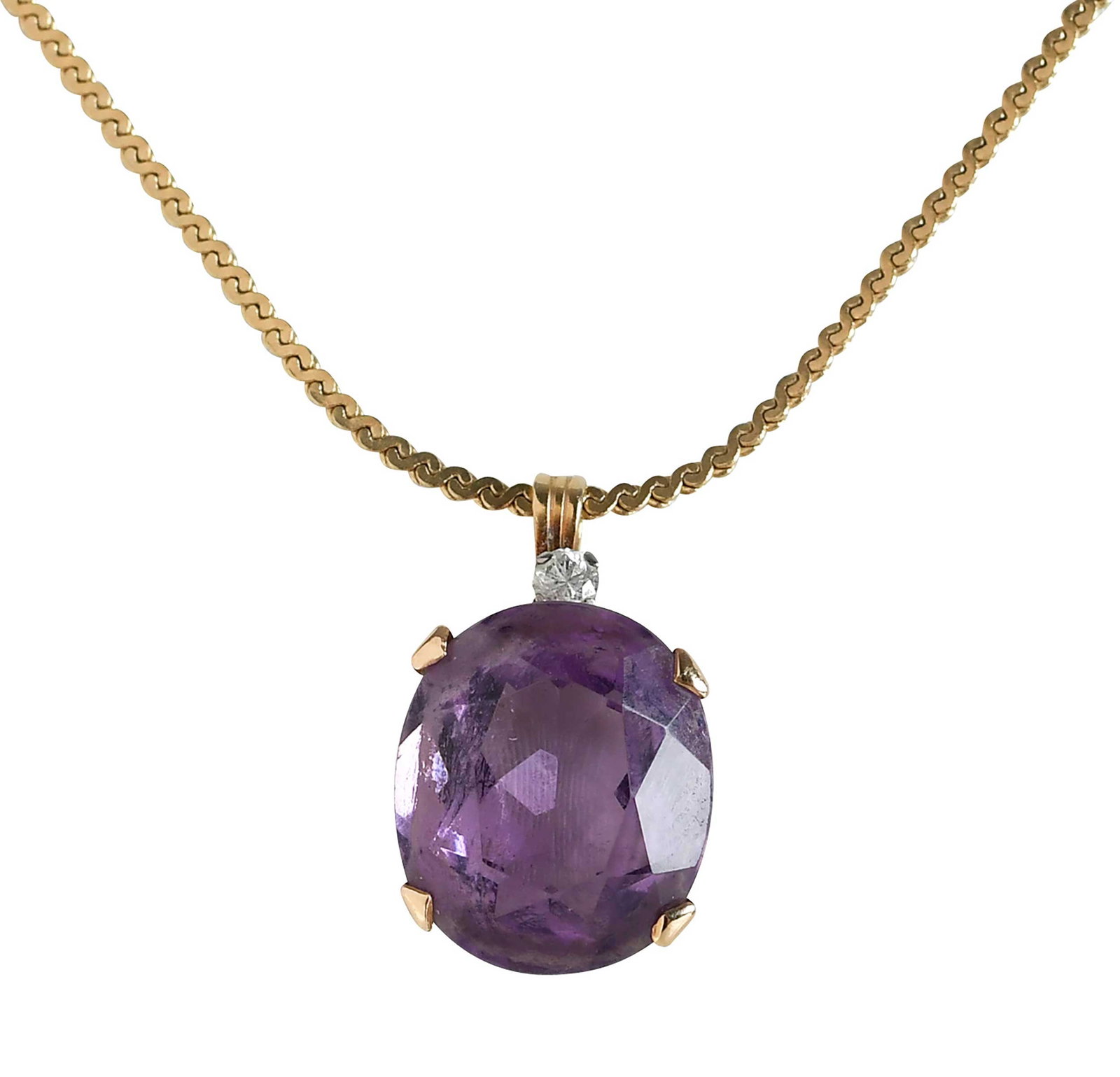 14kt. Amethyst Pendant with Diamond Accent on Chain: oval faceted amethyst, approx. 12.0 x 10.0mm, one round faceted diamond, tests 14kt. yellow gold, serpentine link chain, marked "14K", yellow gold, 16 in. length, total weight 3.8 g Provenance: