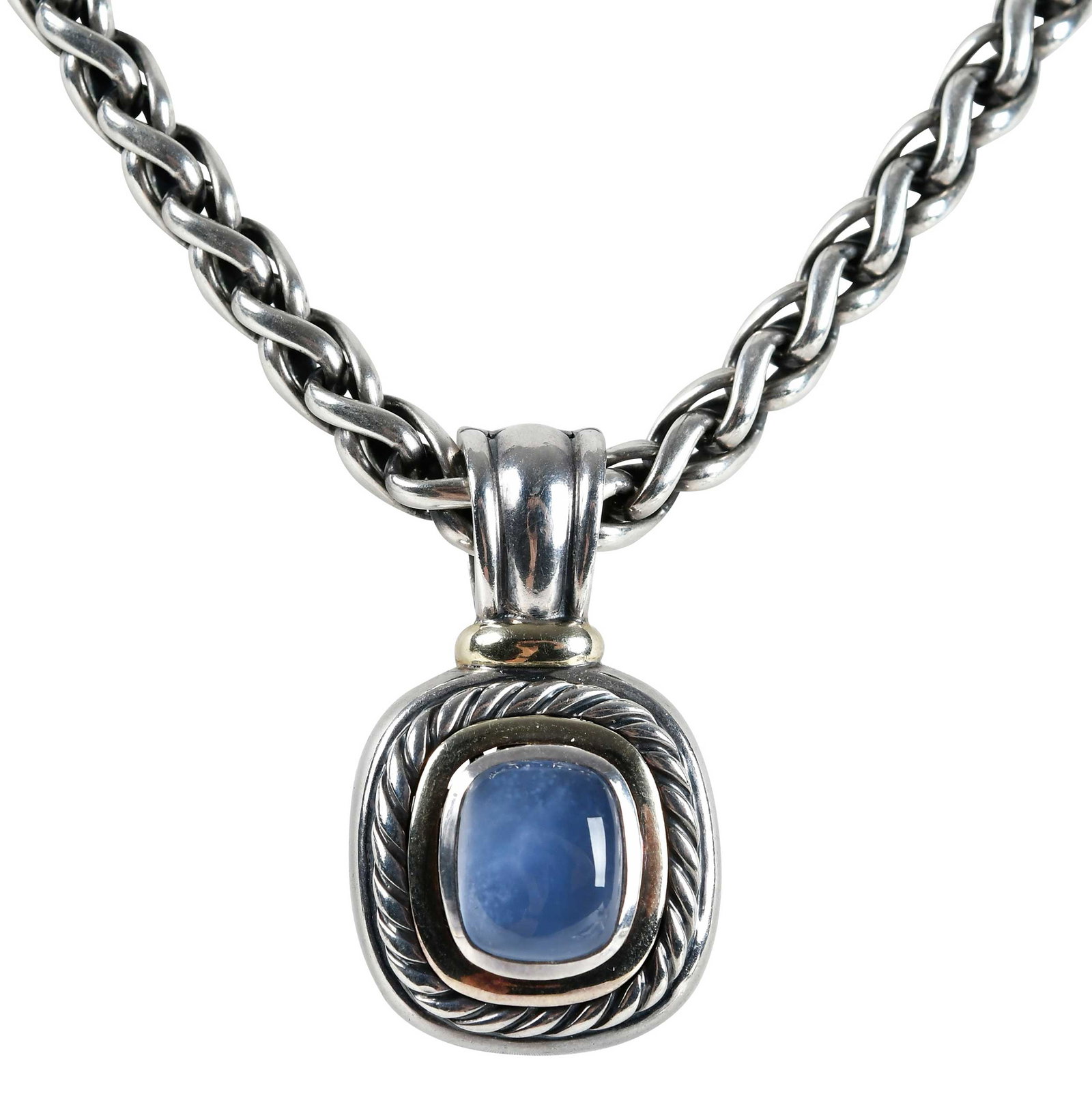 14kt. and Sterling David Yurman Blue Chalcedony Pendant on Chain: cabochon cut blue chalcedony, marked "585, DY, 925", yellow gold, 1-1/2 x 7/8 in.; wide wheat link chain, marked "585, DY, 925," yellow gold, 16 in. length, 6.0mm, 71.0 g Provenance: Collection of