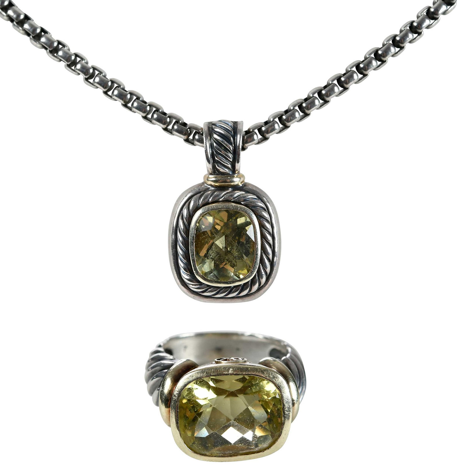 18kt. and Sterling David Yurman Lemon Citrine Ring and Matching Pendant on Chain: checkerboard faceted quartz, marked "585, DY, 925", yellow gold, 7-1/4 ring size, 11.4 g; checkerboard faceted quartz, marked "585, D. YURMAN, 925", yellow gold, 11.1 g; box chain necklace, sterling s