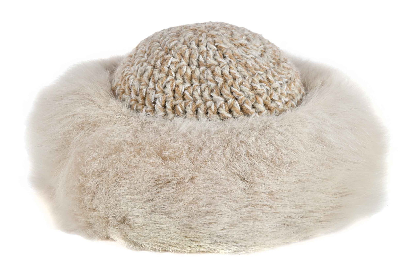 Gartenhaus Fox Fur Trimmed Crocheted Hat: American, 20th century, lined with Gartenhaus label to interior, approx. 6 x 11 x 11 in. Provenance: Collection of Dr. George and Connie Manger
