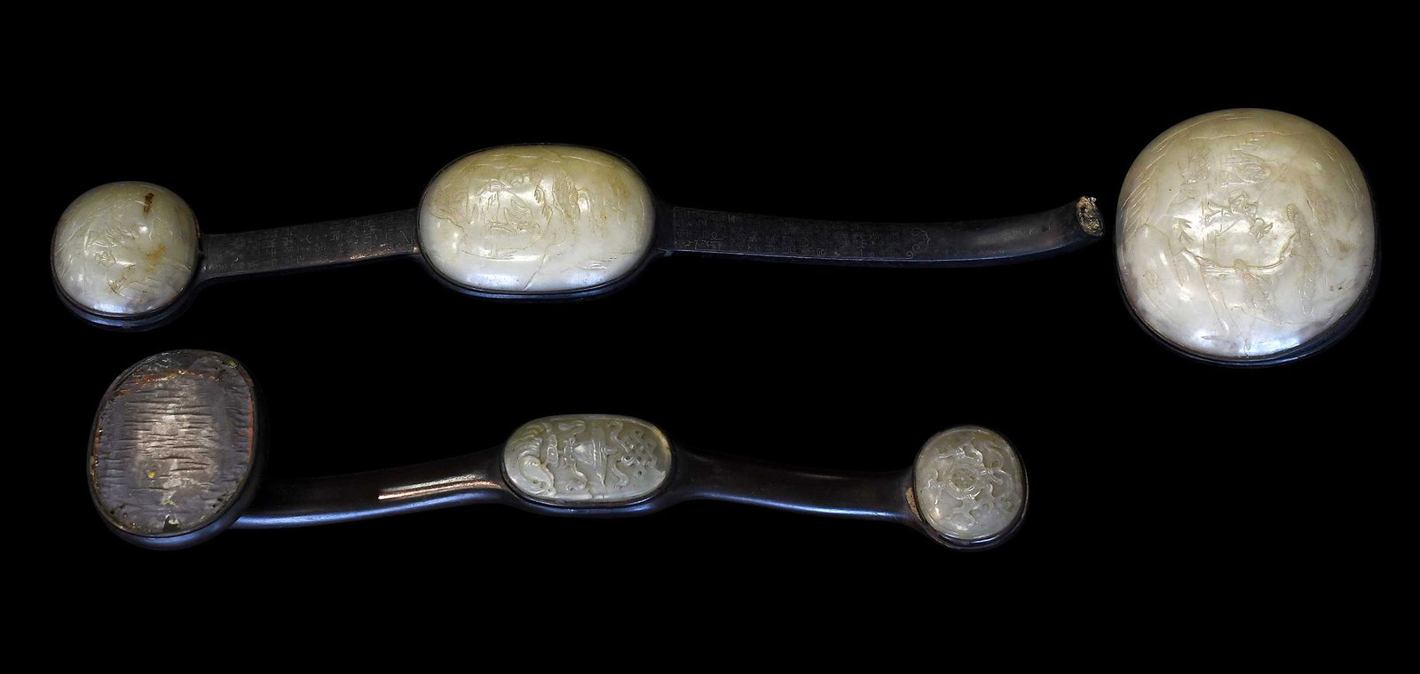 Two Chinese Carved Wood Ruyi Scepters Inlaid with Five Jade Plaques (1 of 7)