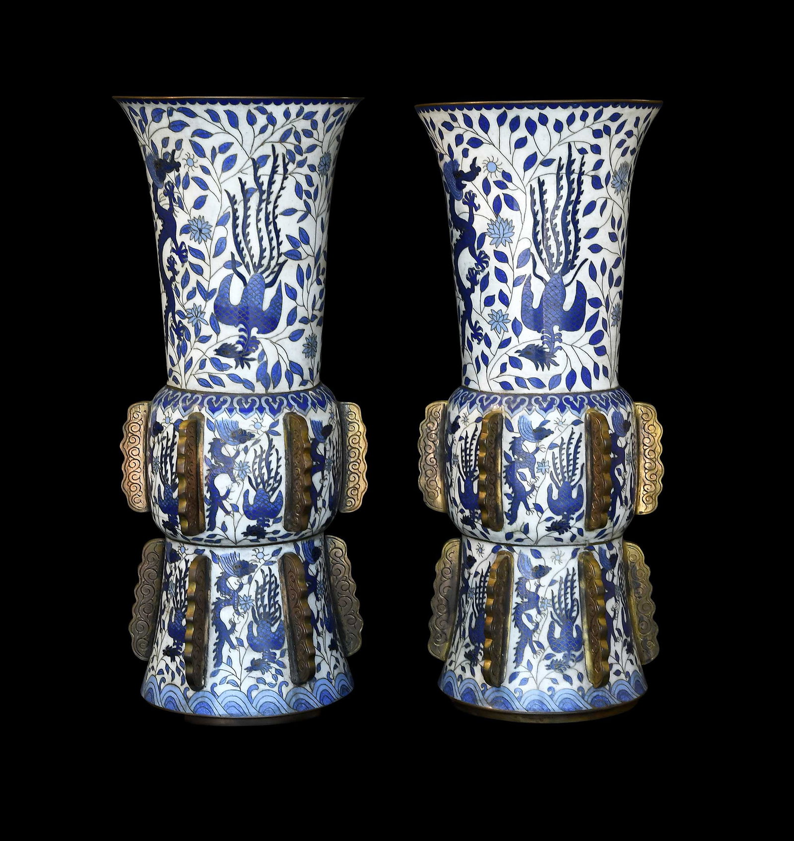 Pair of Chinese Blue and White Cloisonne Gu Form Vases: 19th century, unmarked, dragon and phoenix motifs, each 14-1/4 x 5-7/8 x 5-7/8 in. Provenance: The Collection of William S. Arnett, Atlanta, Georgia; sold to benefit Tinwood Foundation