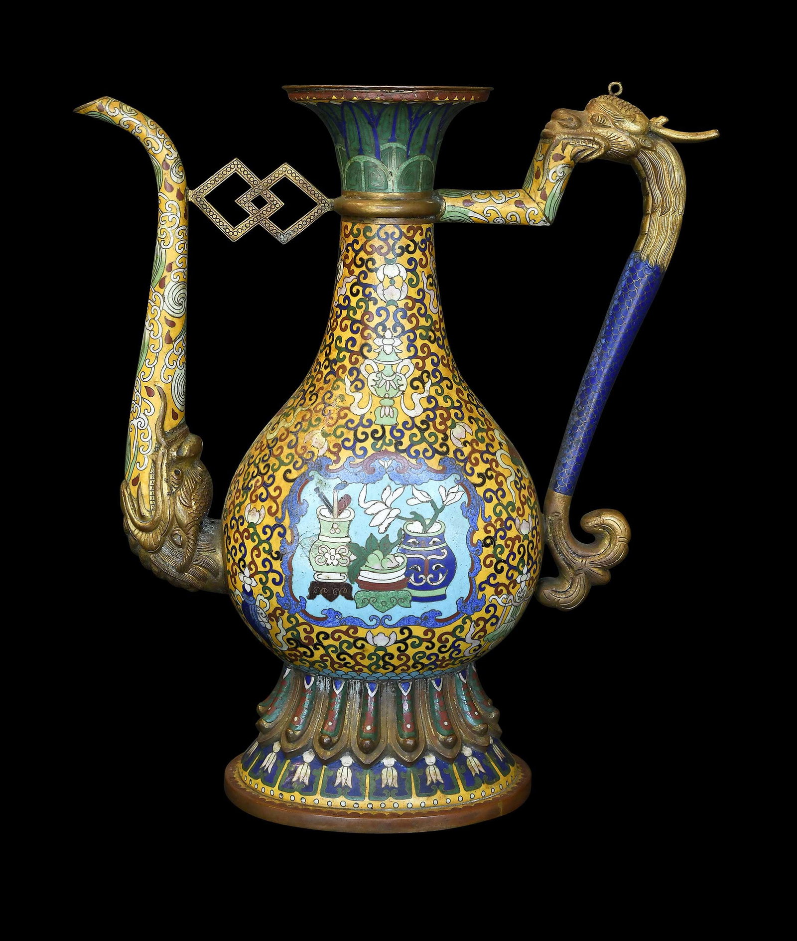 Large Chinese Yellow Ground Cloisonne Pitcher: late Qing dynasty, unmarked, 15 x 13 x 5 in. Provenance: The Collection of William S. Arnett, Atlanta, Georgia; sold to benefit Tinwood Foundation