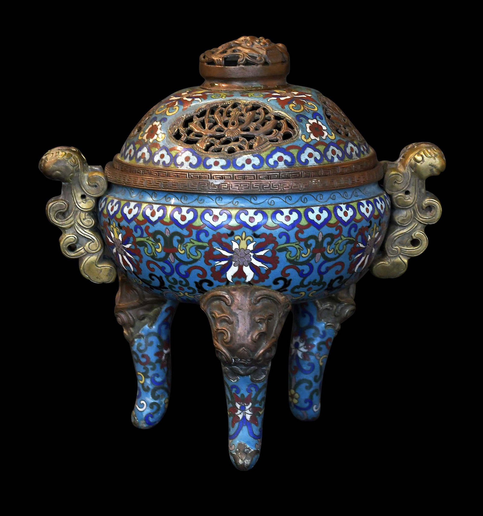 Chinese Cloisonne Lidded Censer: late Qing dynasty, pierced lid, figural side handles, 8-1/2 x 8 x 6 in. Provenance: The Collection of William S. Arnett, Atlanta, Georgia; sold to benefit Tinwood Foundation