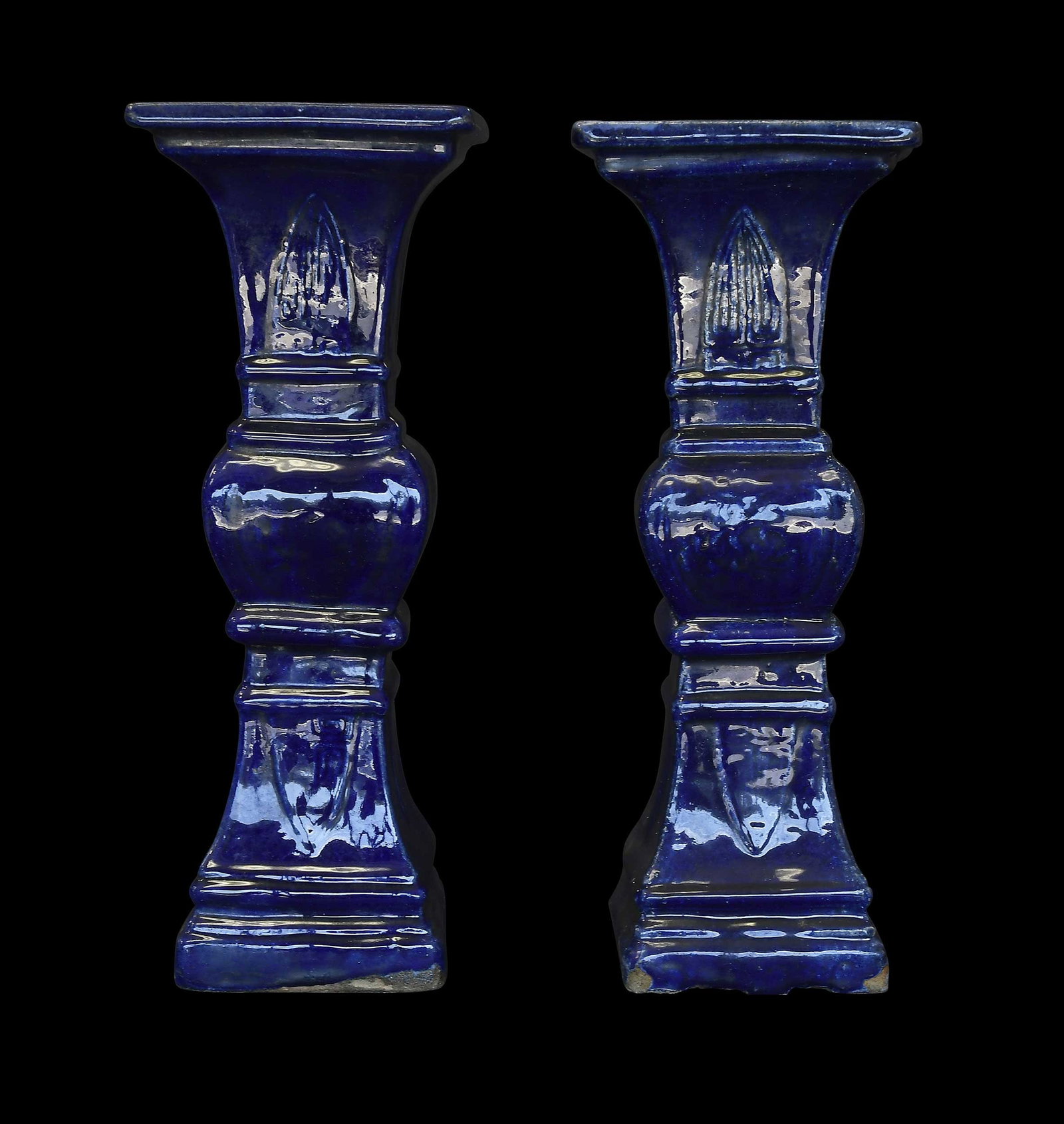 Pair of Chinese Pottery Blue Glaze Gu Form Vases: possibly late 19th/early 20th century, deep dark blue glaze, flared mouths, bases with middle swells, 16-1/2 x 6-1/8 x 601/8 in. Provenance: The Collection of William S. Arnett, Atlanta, Georgia; sold