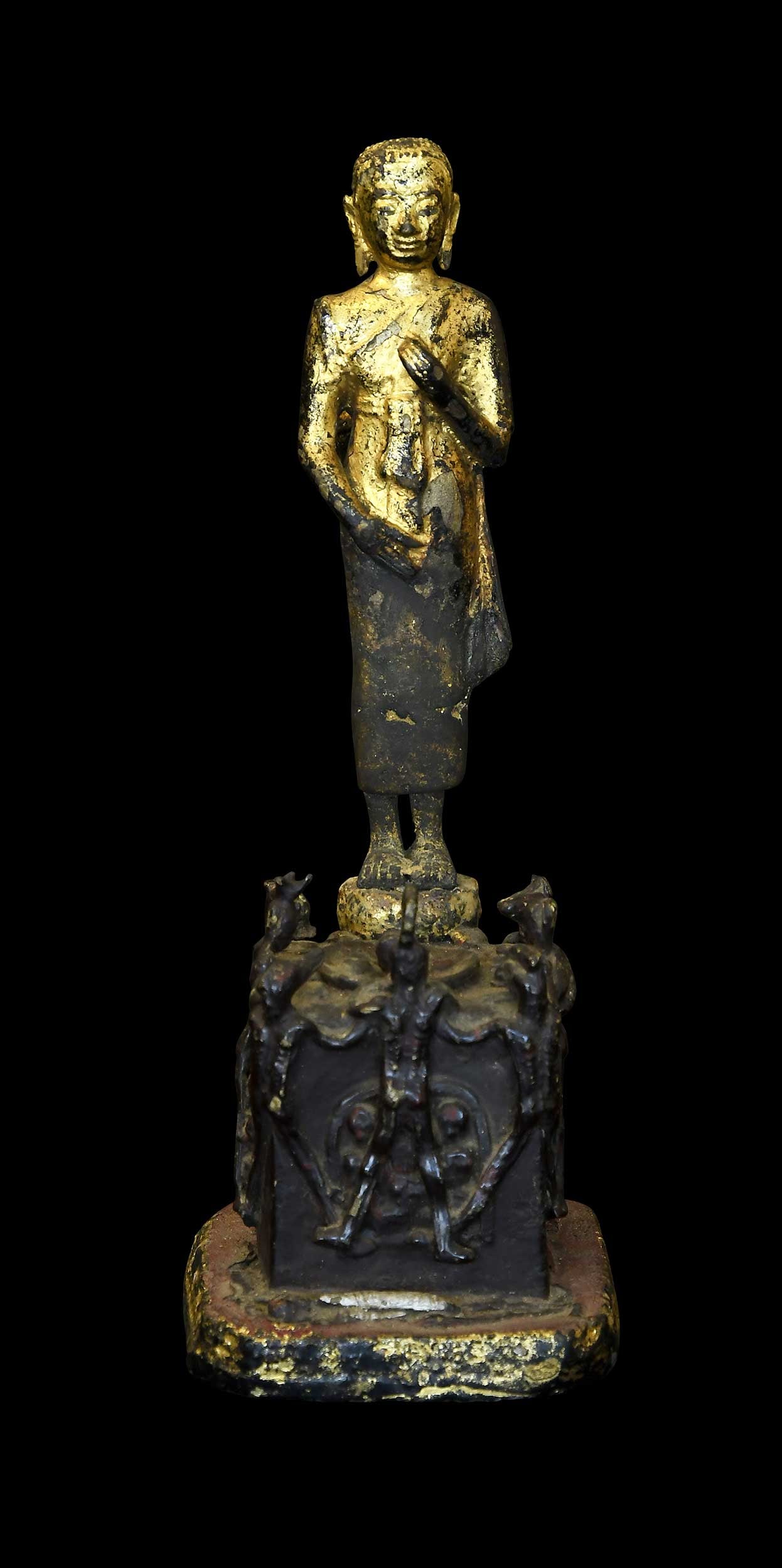 Thai Gilt Bronze Buddhist Figural Group, Phra Malai Visiting Hell: 19th century, late Rattanakosin Kingdom, depicting the legendary monk Phra Malai visiting souls in the narakas (hells), 11 x 4-1/4 x 4 in. Provenance: The Collection of William S. Arnett, Atlanta, Geo