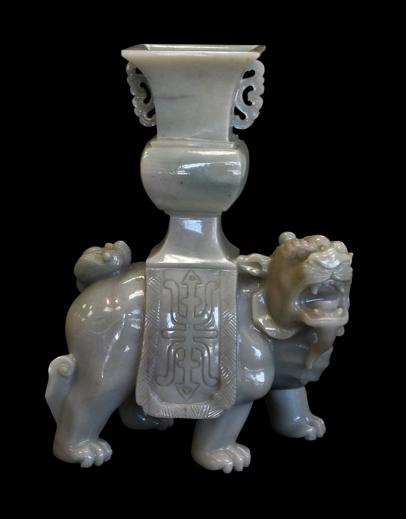 Chinese Carved Jade Qilin Form Vase: mottled green and celadon jade, 7-1/2 x 5-1/2 x 3 in. Provenance: The Collection of William S. Arnett, Atlanta, Georgia; sold to benefit Tinwood Foundation Note: This item tested as jadeite on the Pre