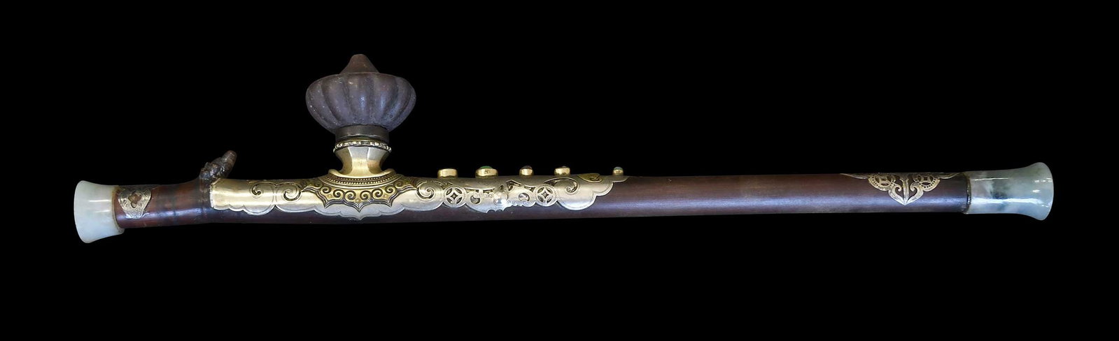 Chinese Jade, Brass, and Silver Mounted Opium Pipe (1 of 6)