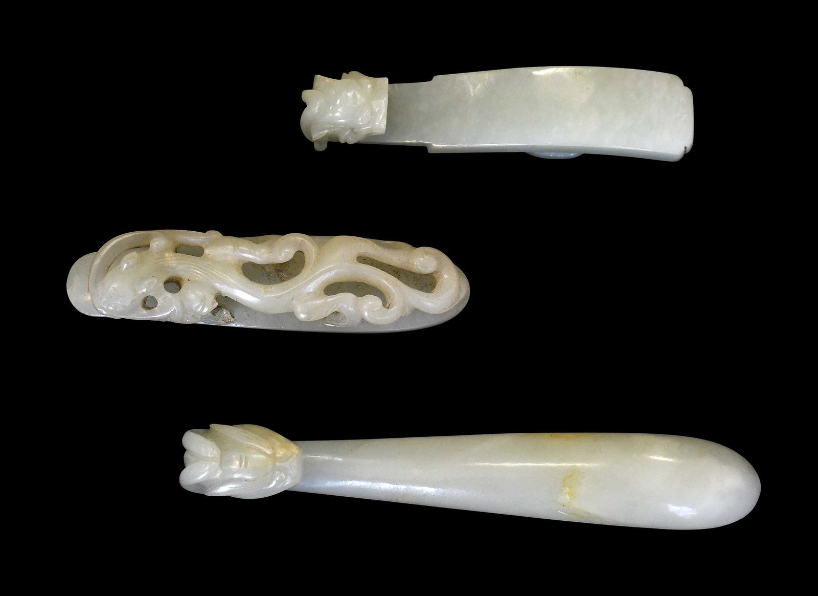 Three Chinese Carved Pale Green Jade Belt Hooks (1 of 5)