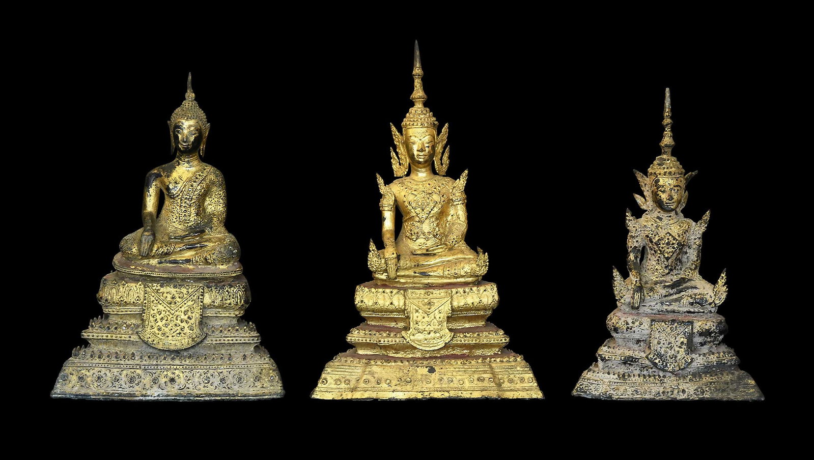 Three Thai Gilt Bronze Seated Buddha Figures (1 of 6)