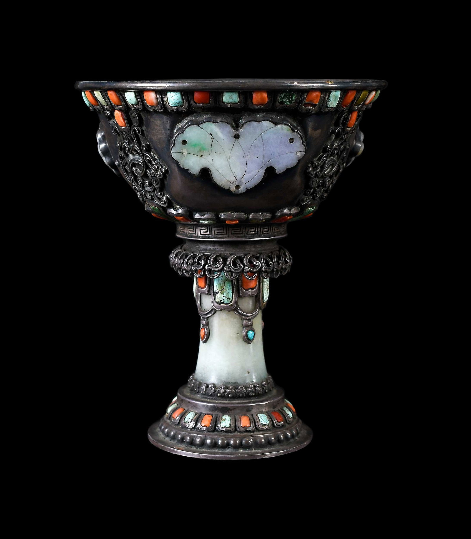 Sino-Tibetan Gemstone Mounted Silver Offering Cup (1 of 7)