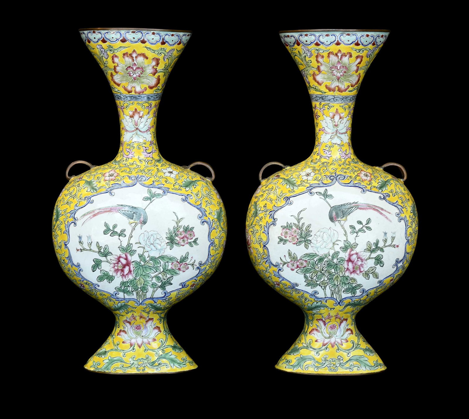 Pair of Chinese Yellow Ground Enamel Decorated Metal Vases (1 of 5)