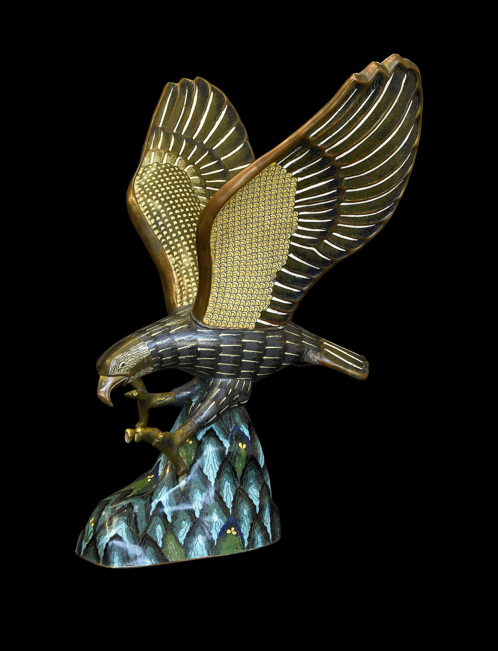 Chinese Cloisonne Swooping Eagle Sculpture: 20th century, marked to base "25", 18-1/4 x 14-1/2 x 11-1/2 in. Provenance: The Collection of William S. Arnett, Atlanta, Georgia; sold to benefit Tinwood Foundation