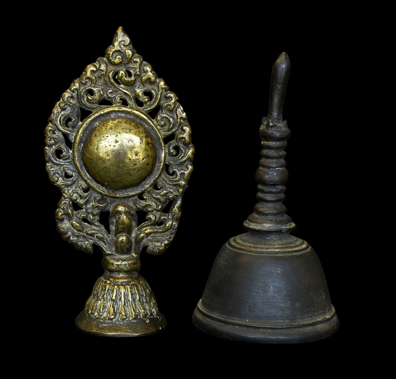 Majapahit Style Bronze Ghanta or Ritual Bell and Newari Style Bronze Ritual Mirror (1 of 3)