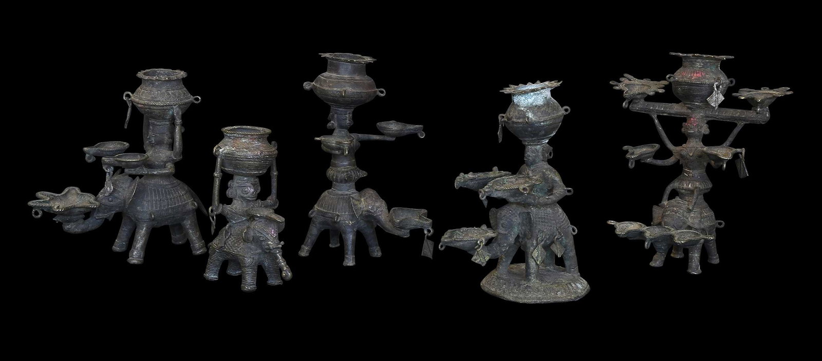Five Cast Bronze Elephant and Rider Form Dhokra Oil Lamps (1 of 7)