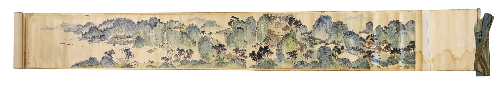 Chinese Landscape Silk Scroll Painting: 19th century, multiple red seals and inscription at lower left, image 118 x 14-3/4 in., overall 205-1/2 x 15-3/4 in. Provenance: The Collection of William S. Arnett, Atlanta, Georgia; sold to benefit 
