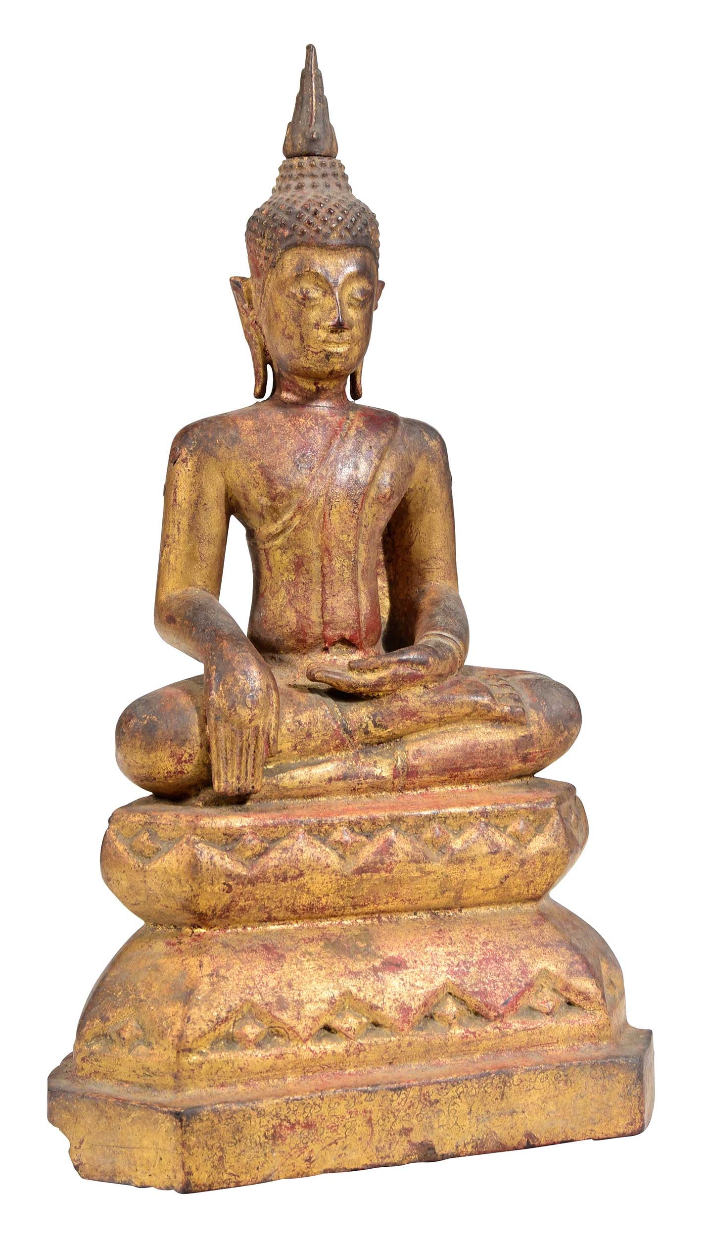 Thai Lanna Style Carved and Polychromed Giltwood Seated Buddha: late 18th/19th century, seated in bhumisparsha mudra in half lotus posture atop tiered base, 13-1/2 x 8 x 4-3/4 in. Provenance: The Collection of William S. Arnett, Atlanta, Georgia; sold to benefit T