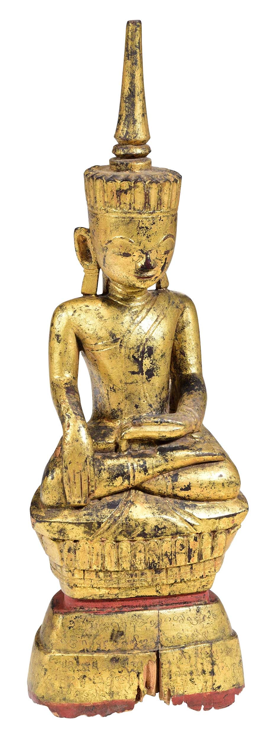 Burmese Carved Giltwood Seated Buddha Figure: late 18th/19th century, seated in bhumisparsha (earth touching) mudra atop tiered base with inscription, 20-3/4 x 7 x 4-3/4 in. Provenance: The Collection of William S. Arnett, Atlanta, Georgia; sold