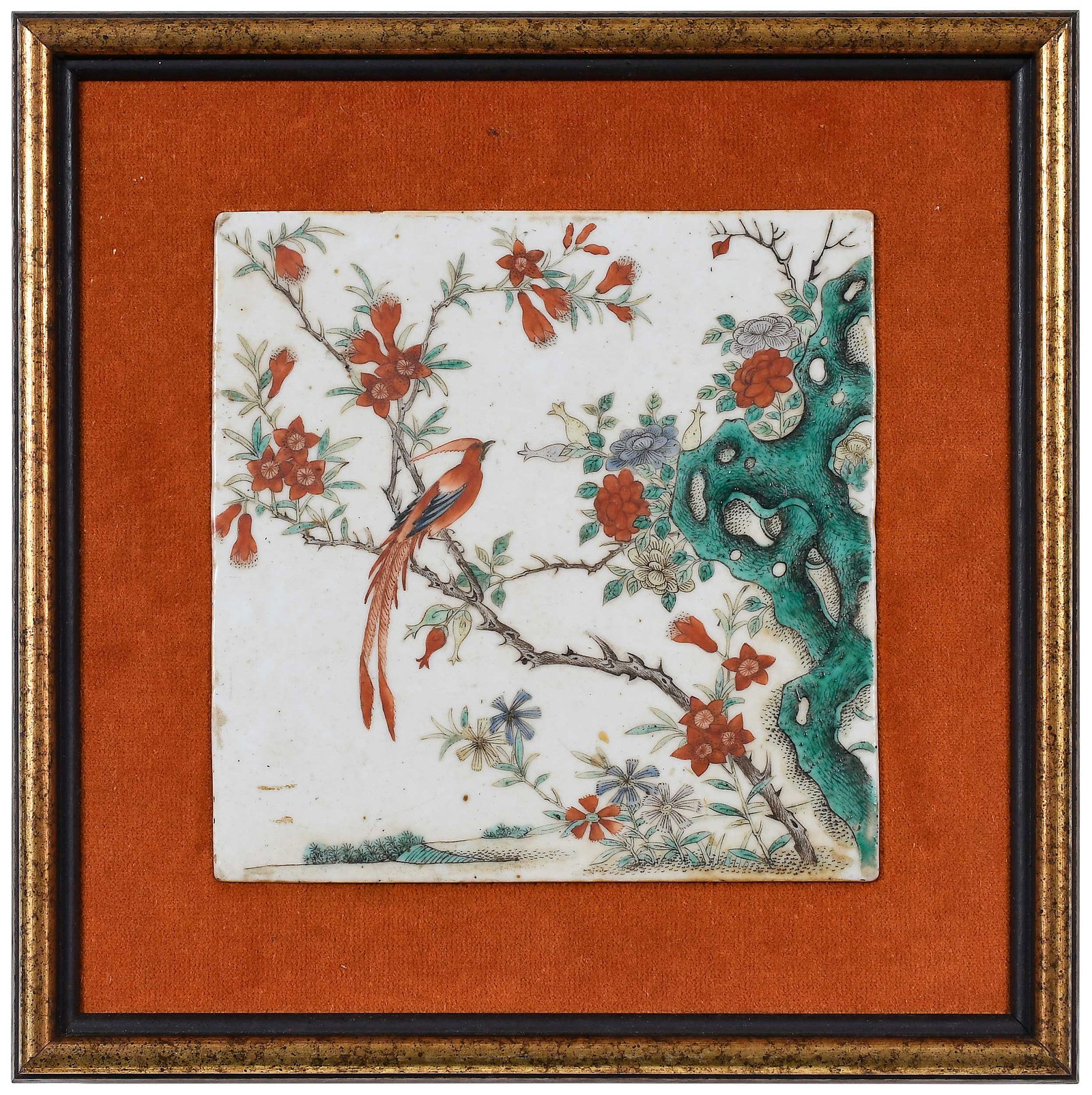Framed Chinese Phoenix Porcelain Plaque: sight 6-3/4 x 6-7/8 in.; set in gilt decorated frame, 11-1/8 x 11-1/8 x 1-1/4 in. Provenance: The Collection of William S. Arnett, Atlanta, Georgia; sold to benefit Tinwood Foundation