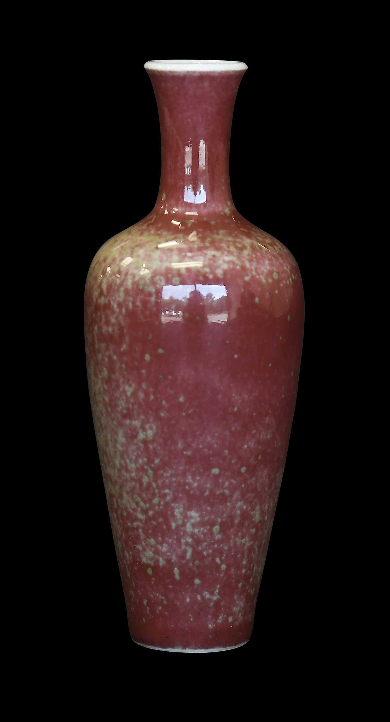 Chinese Miniature Porcelain Peach Bloom Vase: with six character reign mark of the Kangxi emperor, amphora or willow leaf form, 5-1/2 x 2-1/8 x 2-1/8 in. Provenance: The Collection of William S. Arnett, Atlanta, Georgia; sold to benefit Tinwood F