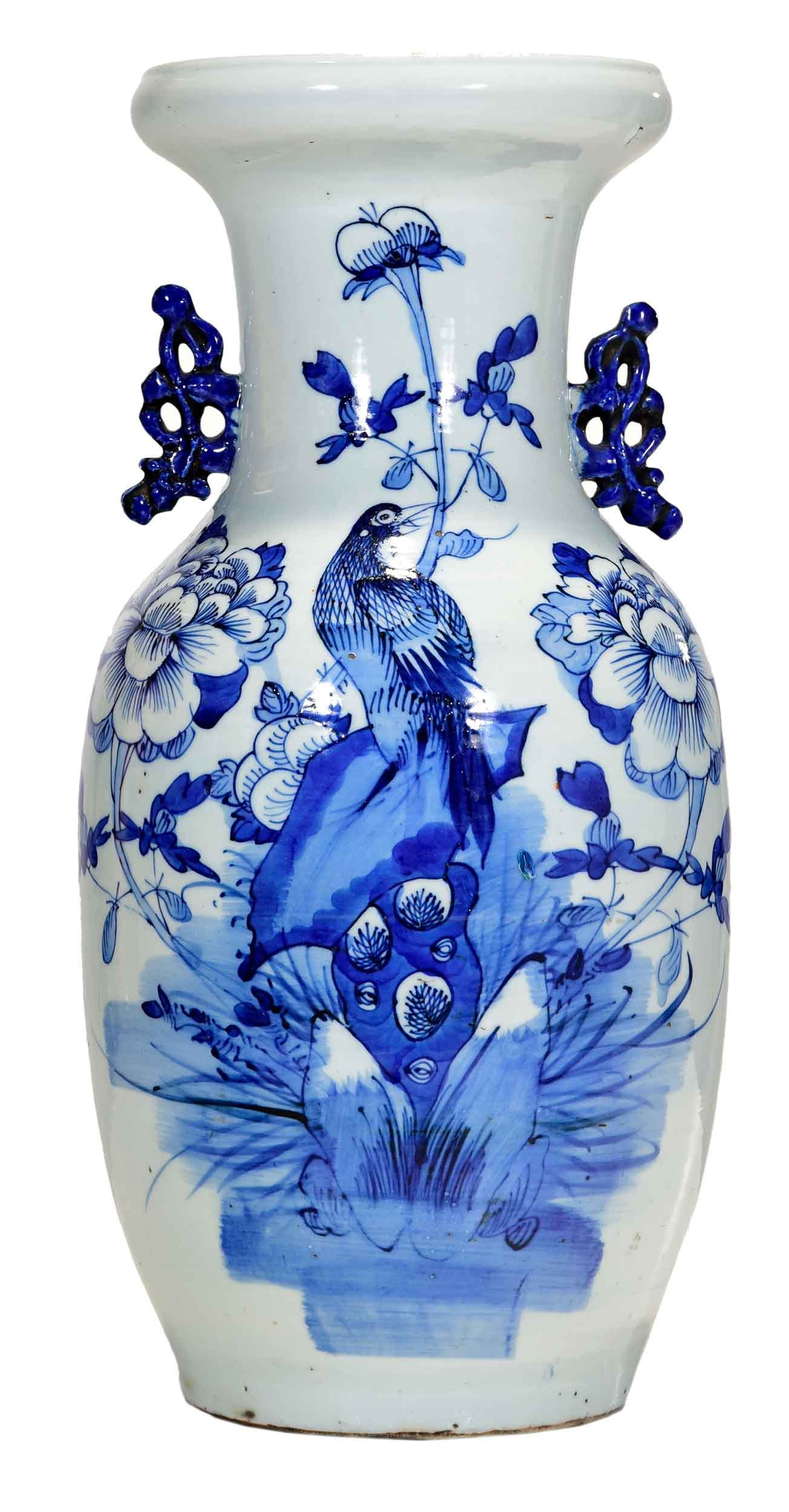 Chinese Blue and White Porcelain Floor Vase: 19th/20th century, two side handles, central decoration featuring bird perched atop rocky outcropping, 16-3/4 x 8-1/2 x 8-1/2 in.