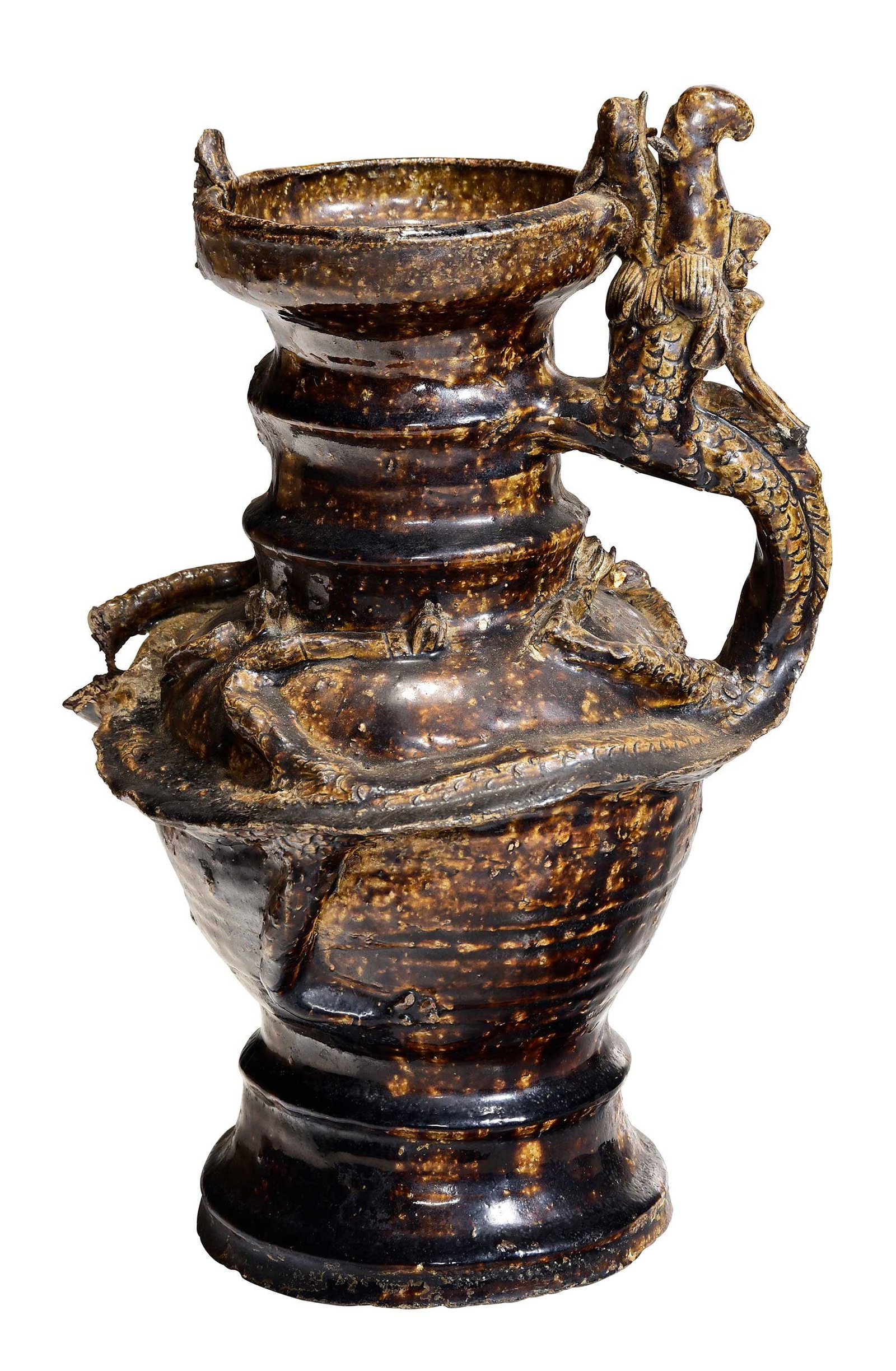 Chinese Archaistic Style Stoneware Pottery Brown Glazed Figural Dragon Vase: late 19th/early 20th century, mottled brown glaze, dragon form handles wrapping around the body, 14-1/2 x 9-1/2 x 8-1/4 in. Provenance: The Collection of William S. Arnett, Atlanta, Georgia; sold to b