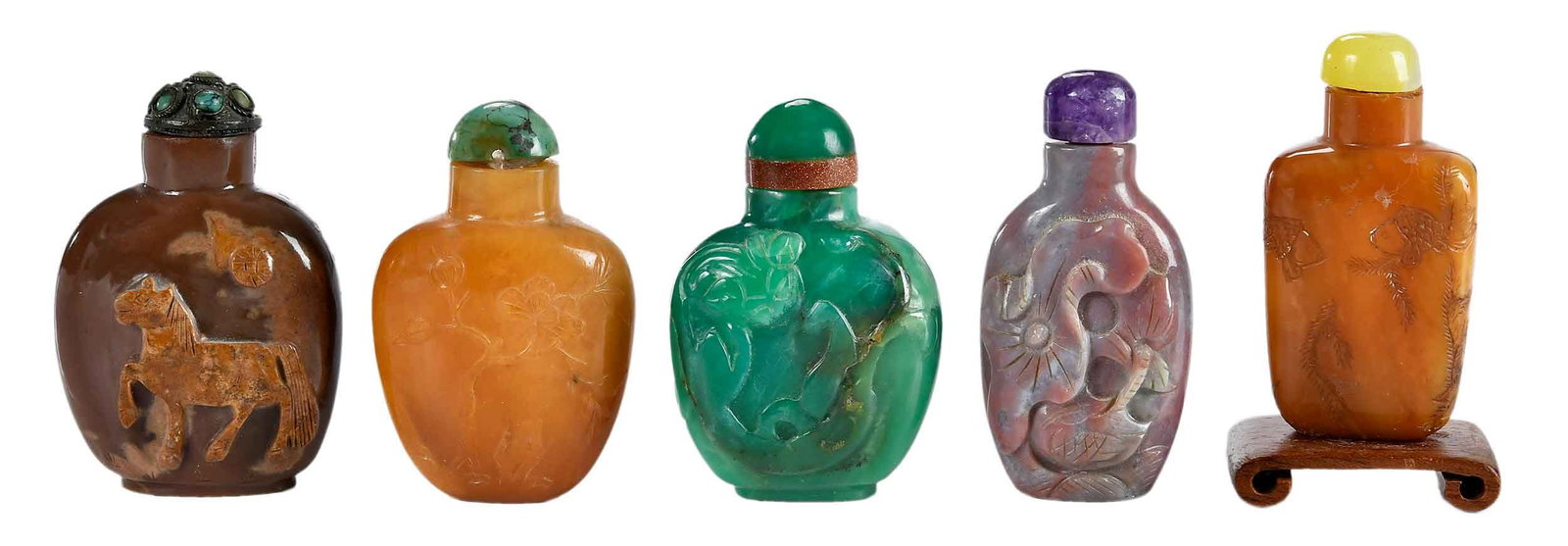 Five Chinese Carved Hardstone Snuff Bottles (1 of 12)