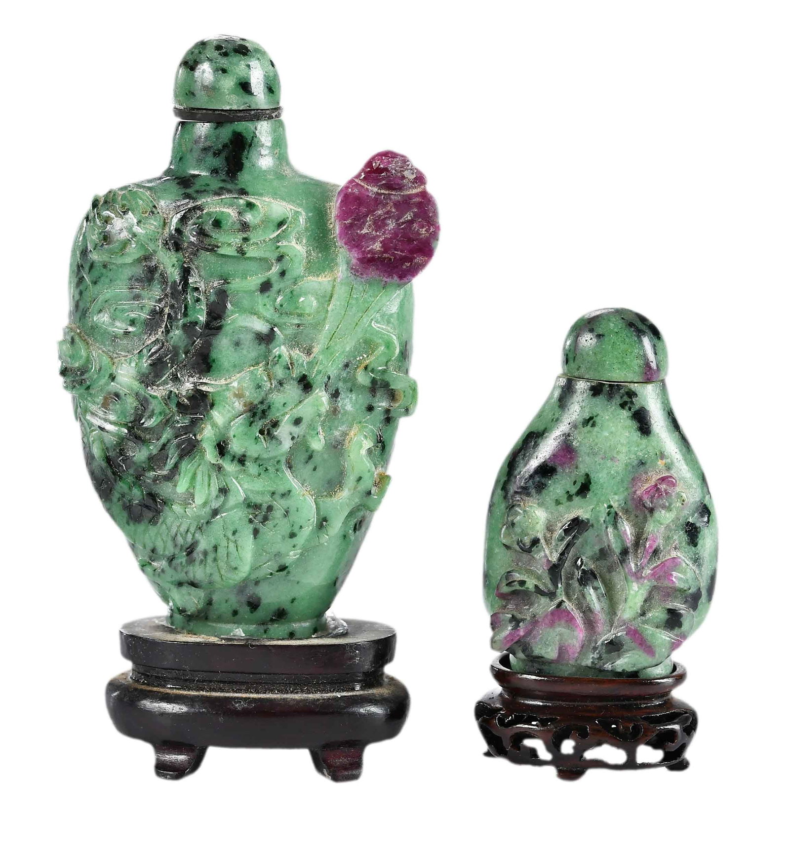 Two Chinese Carved Zoisite and Ruby Snuff Bottles with Stands (1 of 8)