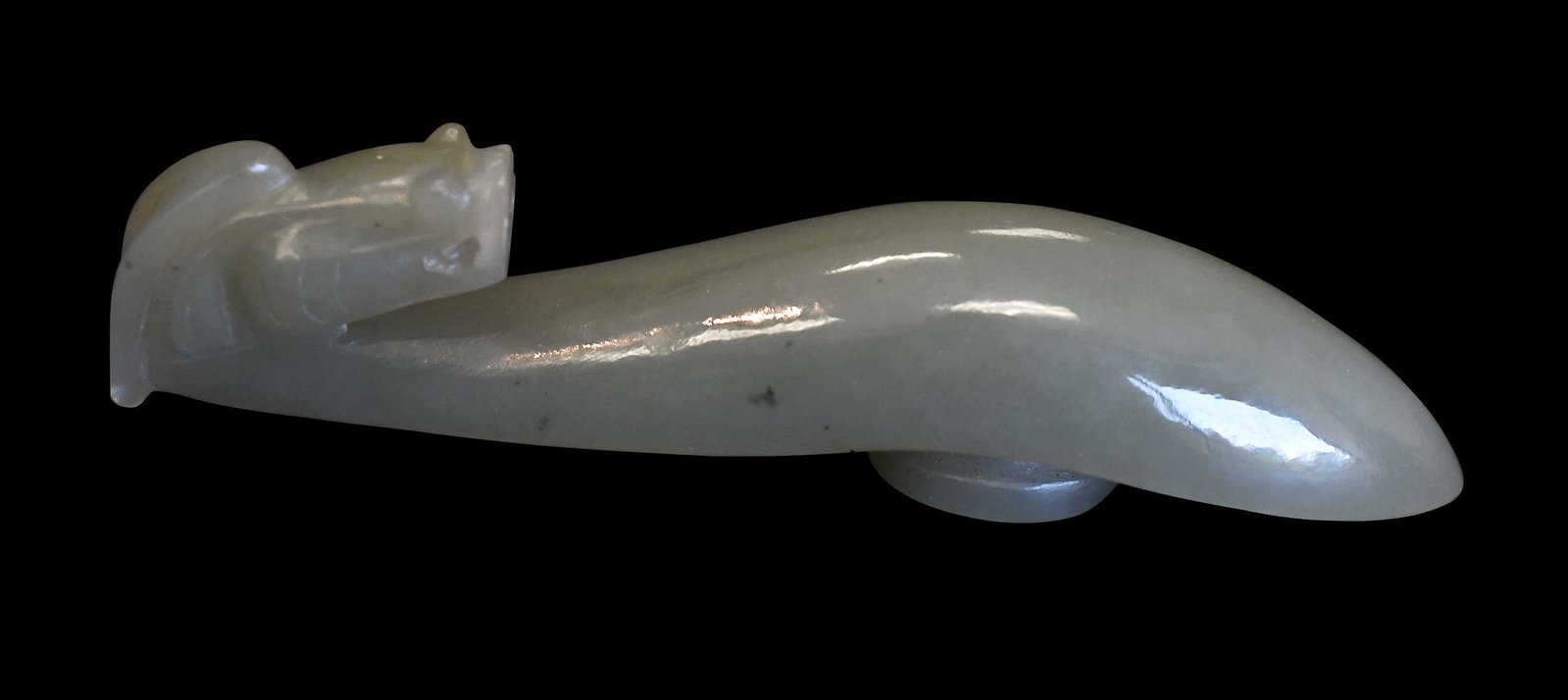 Chinese Carved Green Jade Belt Hook: olive green with carved chilong head, 3-1/2 x 3/4 x 3/4 in. Provenance: The Collection of William S. Arnett, Atlanta, Georgia; sold to benefit Tinwood Foundation Note: This item tested as nephrite on