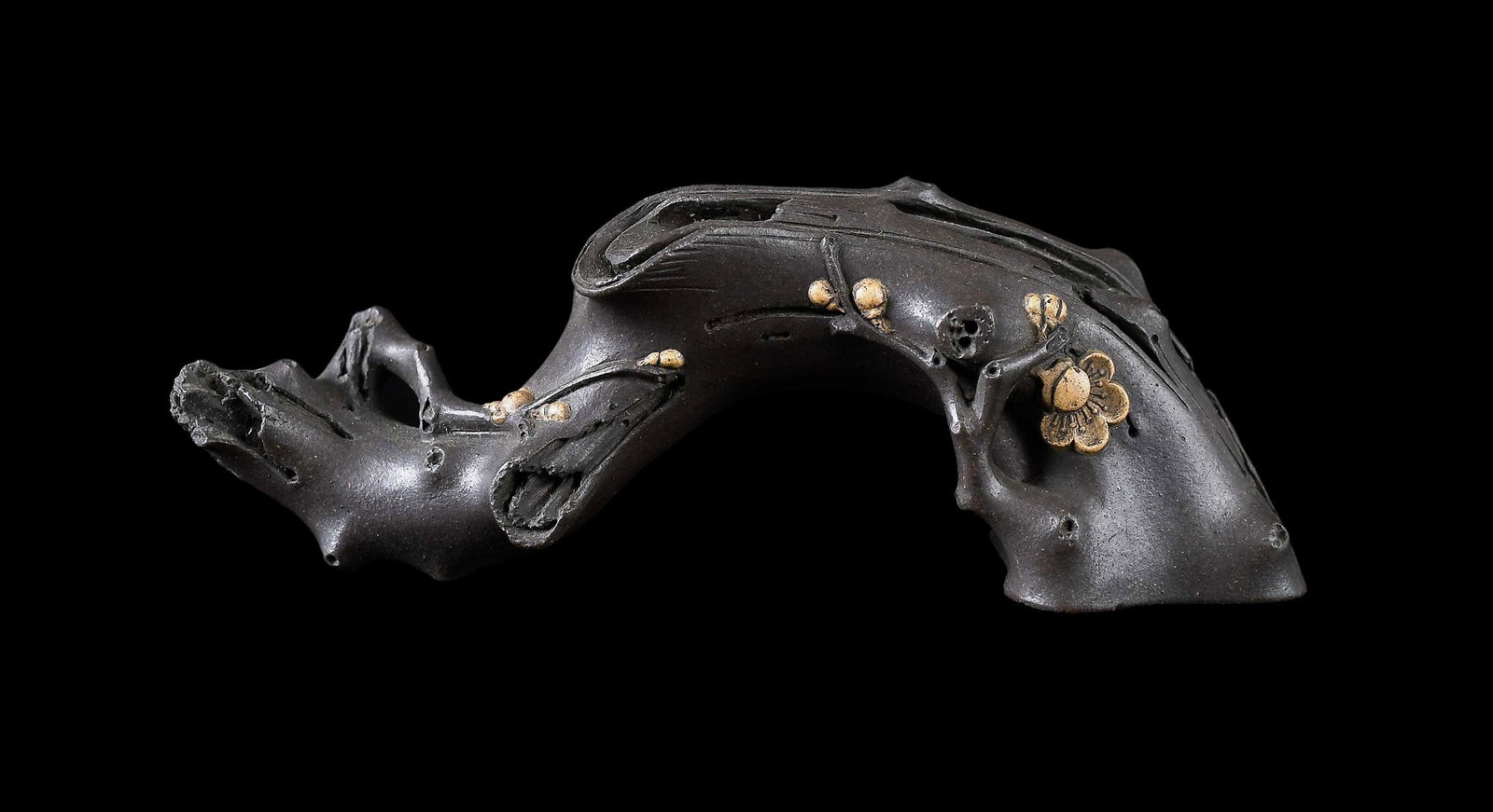 Chinese Ceramic Root Form Brush Rest: naturalistic form, signature impressed to underside of base, 1-3/4 x 5-7/8 x 3-5/8 in. Provenance: The Collection of William S. Arnett, Atlanta, Georgia; sold to benefit Tinwood Foundation