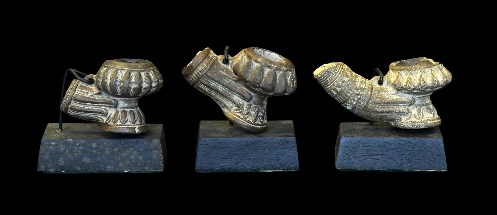Three Sayohpho Ware Style Stoneware Pottery Pipe Bowls: possibly 17th-19th century, incised and molded decoration, all with black painted wood and wire stands, 3 x 2-7/8 x 1-7/8 in. Provenance: The Collection of William S. Arnett, Atlanta, Georgia; sold