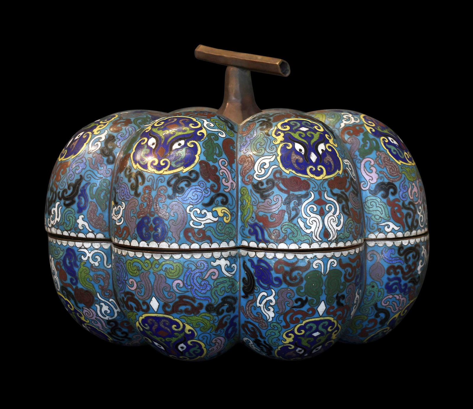 Chinese Cloisonne Pumpkin Form Box: 20th century, large pumpkin form in blue, 9-3/4 x 12-1/2 x 12-1/2 in. Provenance: The Collection of William S. Arnett, Atlanta, Georgia; sold to benefit Tinwood Foundation