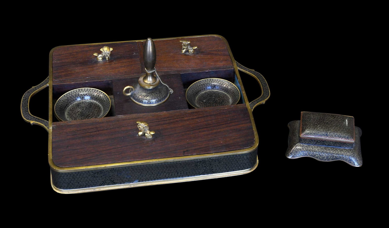 Opium Smoking Tray With Cloisonne: late 19th century, wooden and enameled cloisonne, three lidded compartments with foo dog bronze finials, four cloisonne dishes, central lighter, 13 x 10 x 5 in.; along with a matching stamp box