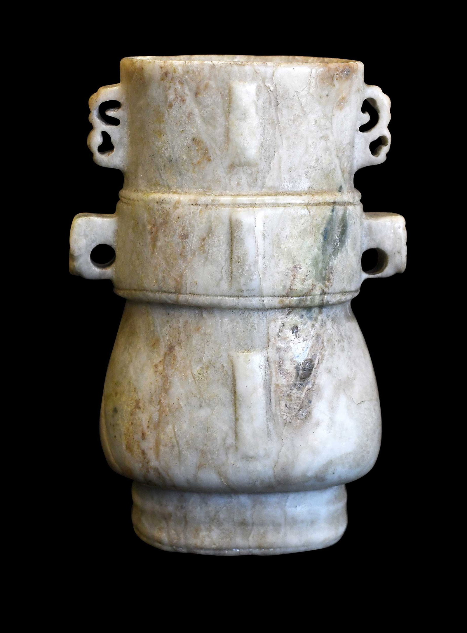 Chinese Carved Jade Urn: off-white with variegated inclusions, carved side handles and accents, 4-1/4 x 3 x 2 in. Provenance: The Collection of William S. Arnett, Atlanta, Georgia; sold to benefit Tinwood Foundation Note: