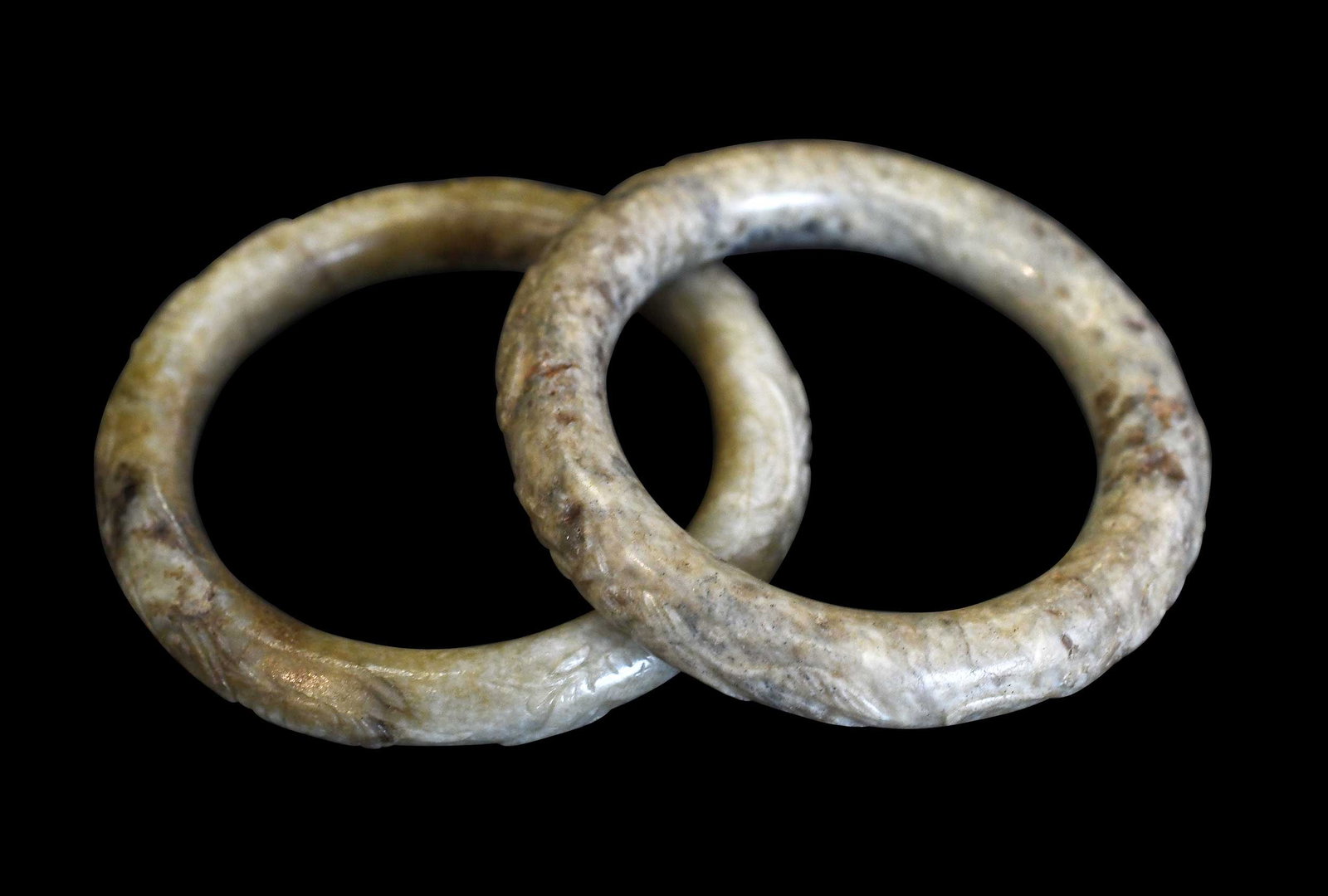 Two Chinese Carved Jade Bangle Bracelets (1 of 3)