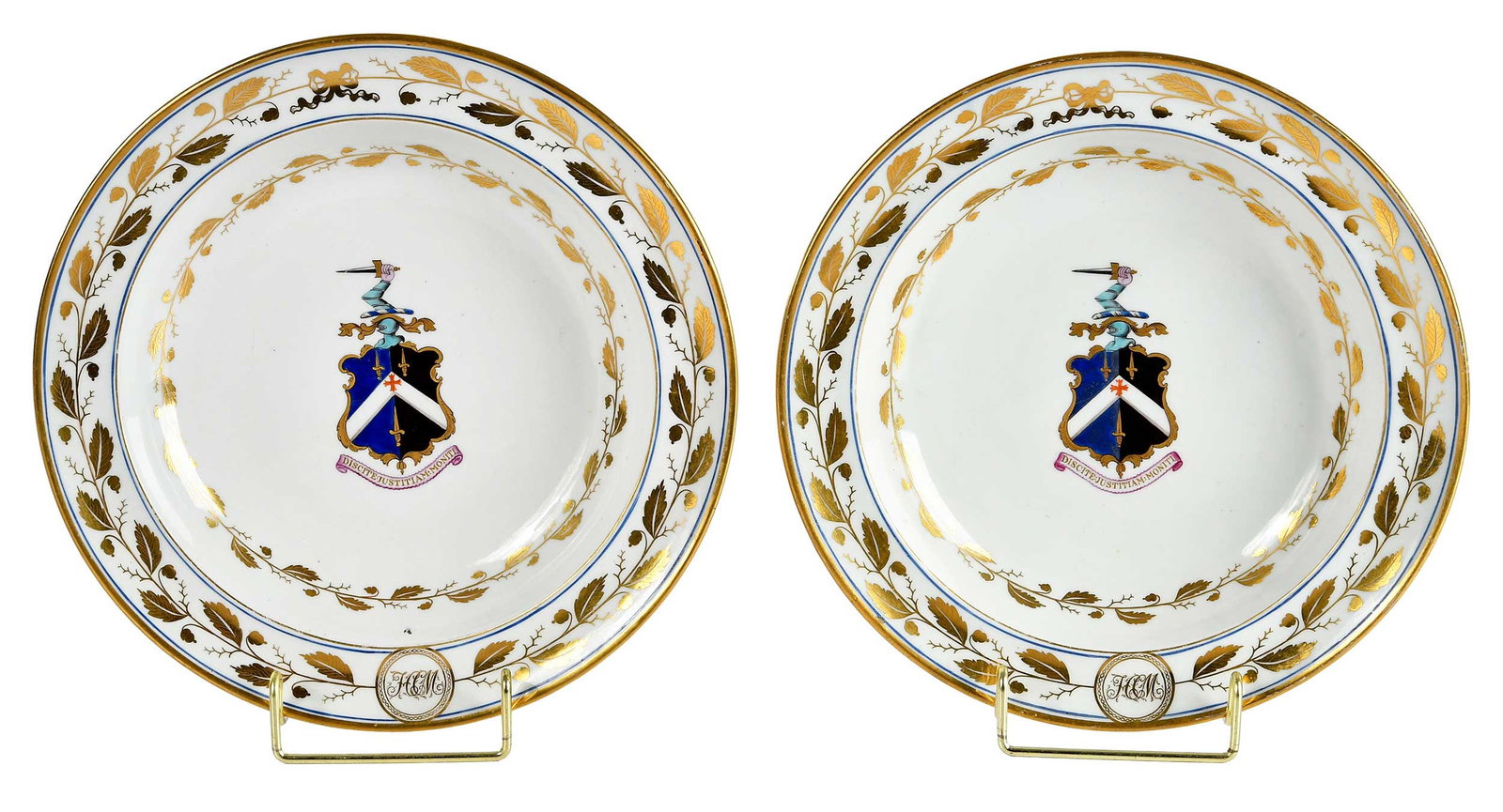 Pair of Chinese Export Armorial Porcelain Soup Plates, Mouchet: circa 1800, gilt leaf motif and initials "HCM" centering on arms of Mouchet, 1-3/4 x 9-3/4 x 9-3/8 in. Note: For a similar example, please see Chinese Armorial Porcelain, Volume II by David Sanctuary