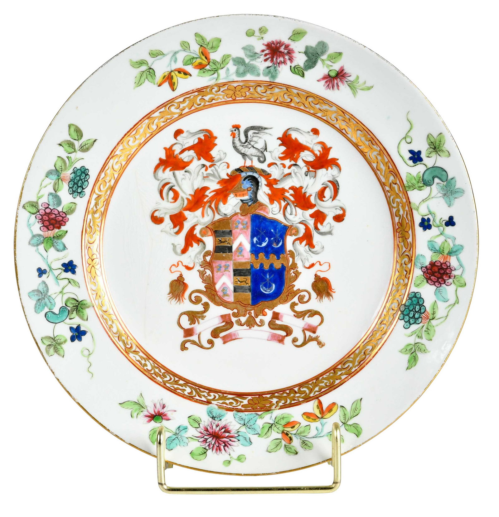 Chinese Export Armorial Porcelain Plate, Baker, Cholmely, and Bateman: circa 1740, floral sprays centering coat of arms of Baker quartering Cholmely impaling Bateman, 1 x 8-3/4 x 8-3/4 in. Provenance: The Collection of Joe Matthews and John Shank, Shepherdstown, West