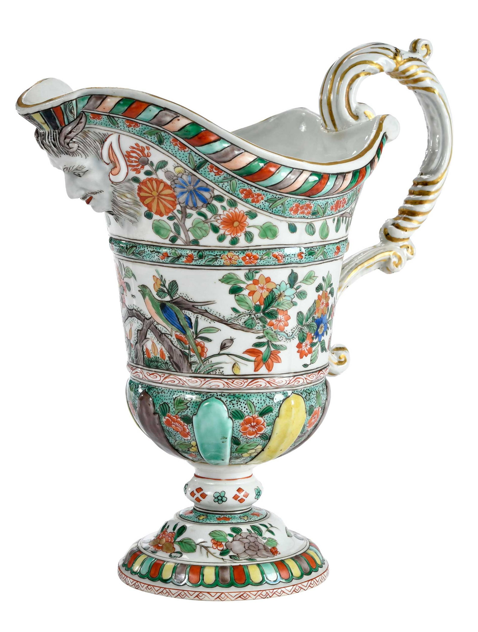 Large Chinese Export or Style Famille Verte Pitcher: helmet shaped body, molded Satyr mask under spout, decorated with bird and butterflies amongst flowering foliage, gilt highlights, 10-1/2 x 10 x 6 in. Provenance: The Collection of Joe Matthews and