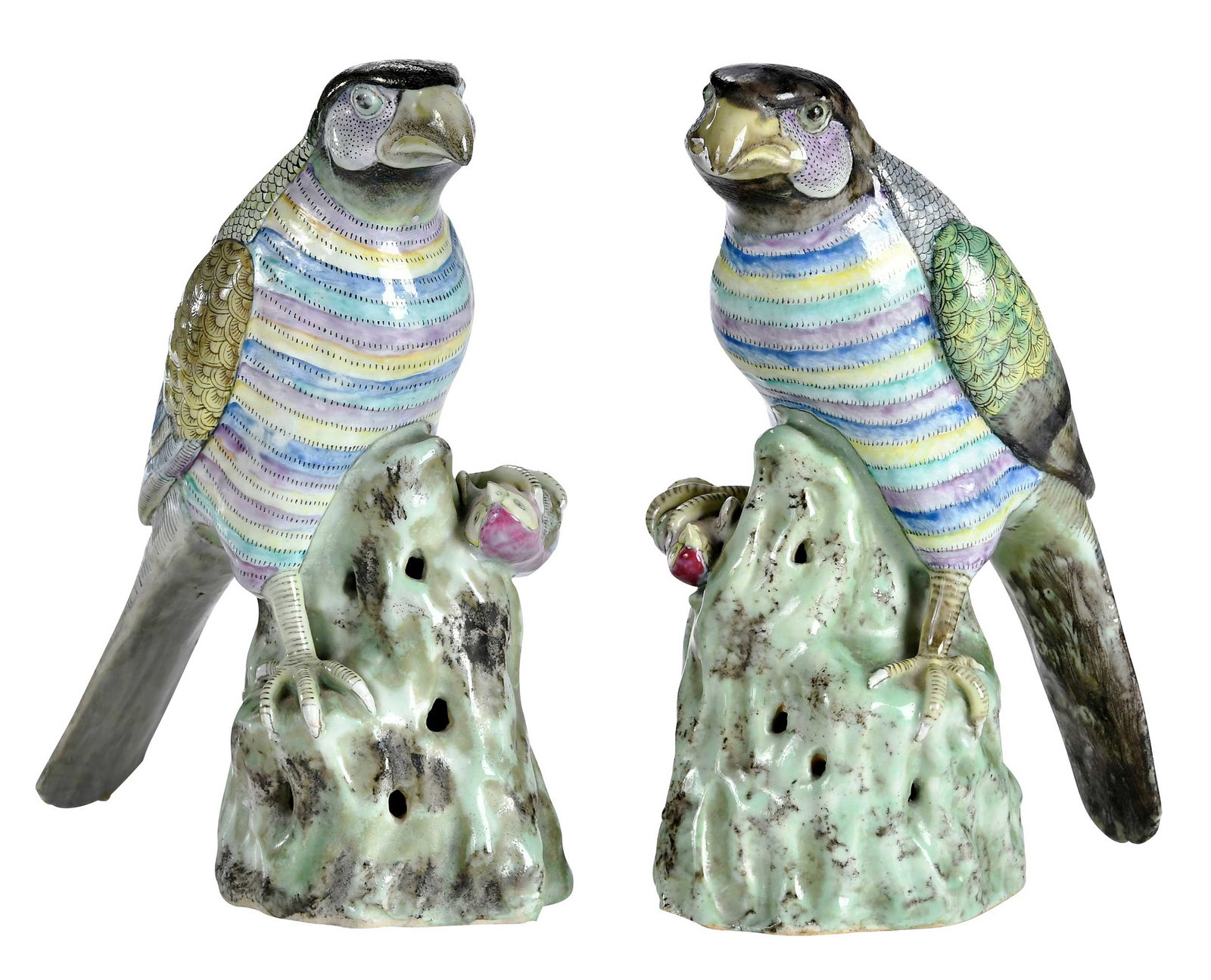 Pair of Chinese Export Birds of Prey Perched on Rocky Outcroppings: probably 19th century, unmarked, 8-1/8 x 3-3/8 x 5-7/8 in. Provenance: The Collection of Joe Matthews and John Shank, Shepherdstown, West Virginia