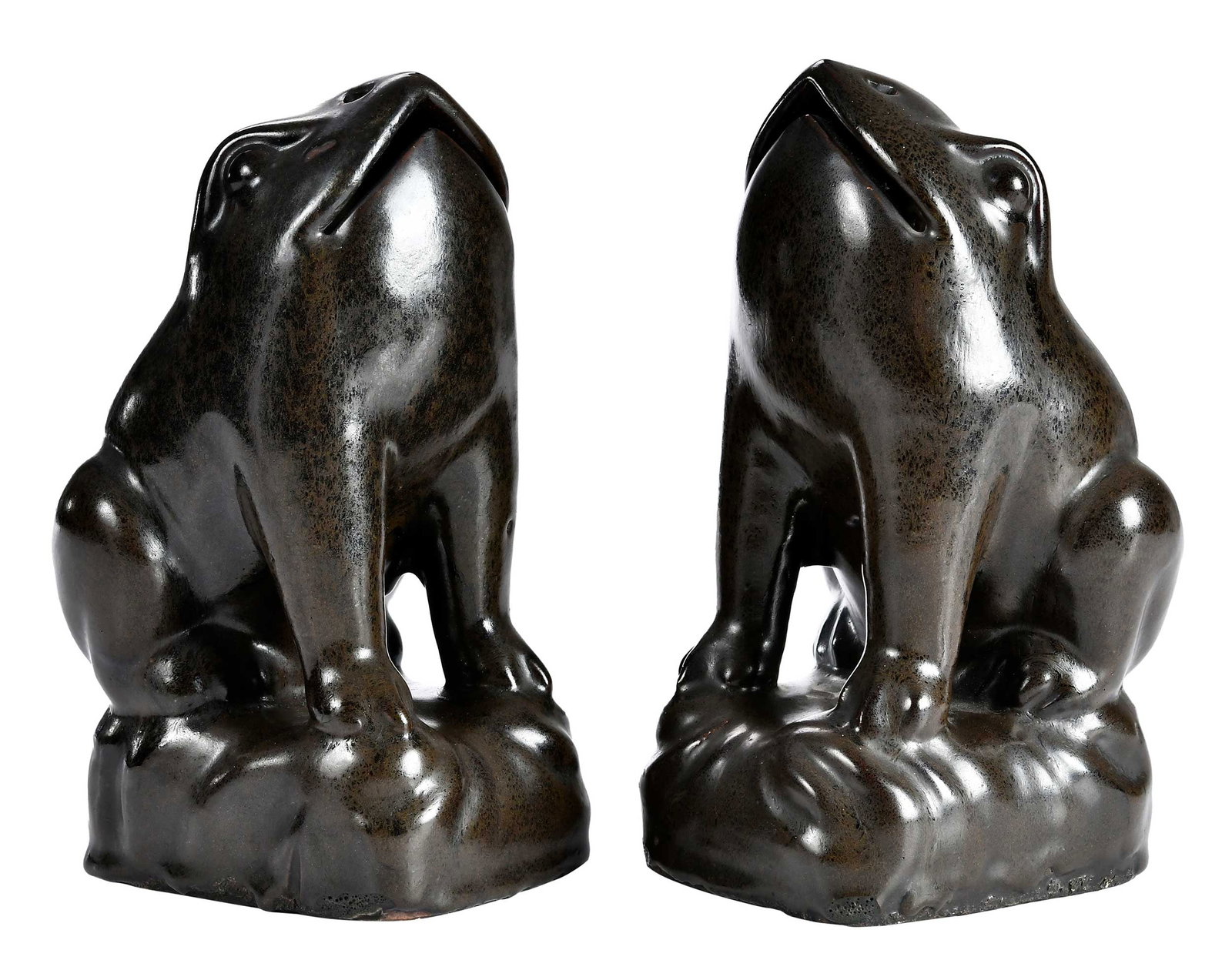 Pair of Chinese Export Brown Glazed Ceramic Frogs: each posed facing skyward, 10-1/4 x 5-3/4 x 6 in. Provenance: The Collection of Joe Matthews and John Shank, Shepherdstown, West Virginia