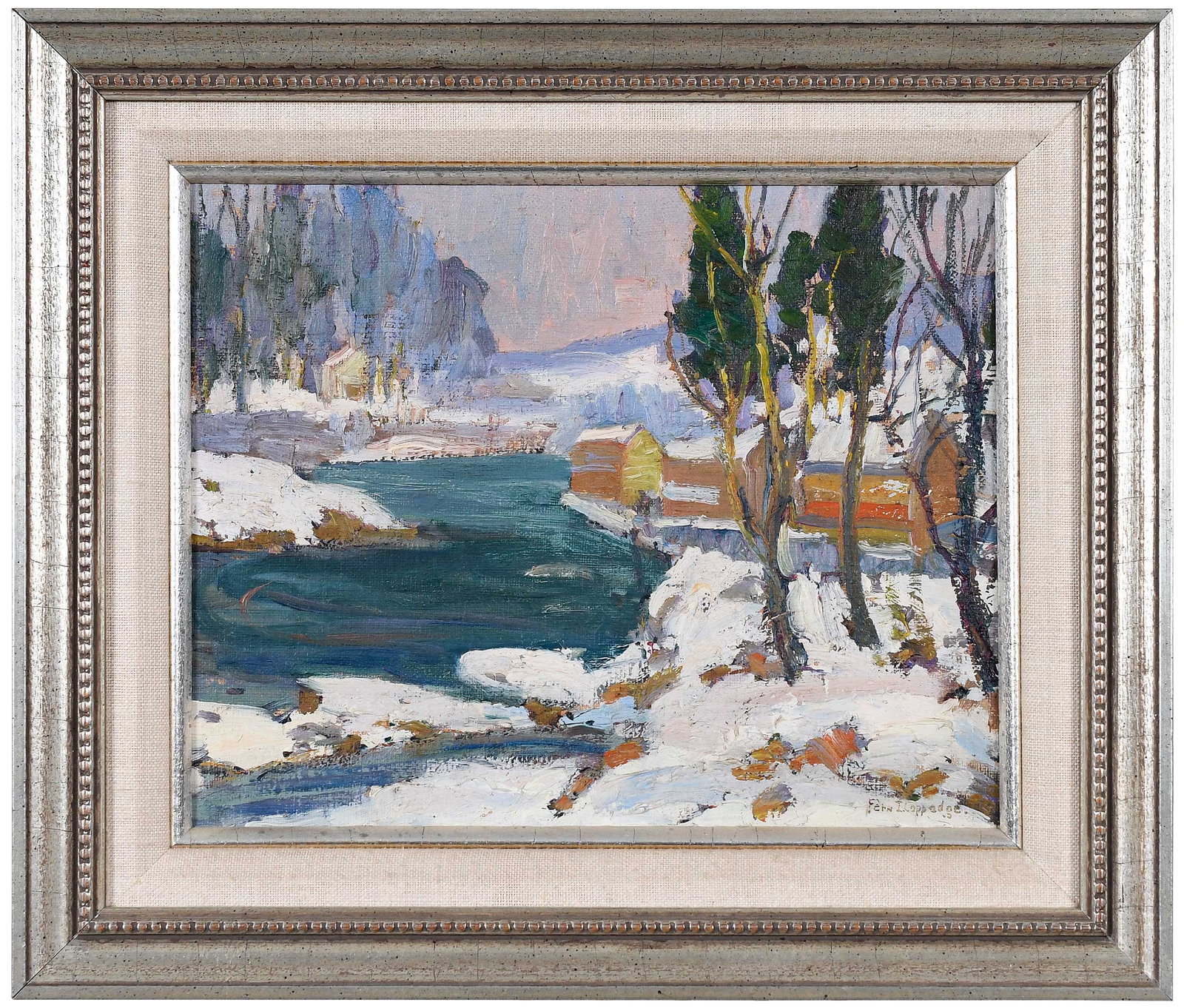 Fern Coppedge: (American, 1883-1951) Winter on the Delaware, signed lower right "Fern Coppedge", titled in ink verso, oil on board, 8-1/4 x 10-1/4 in.; silver finished wood frame, 11-3/4 x 13-3/4 x 1 in.