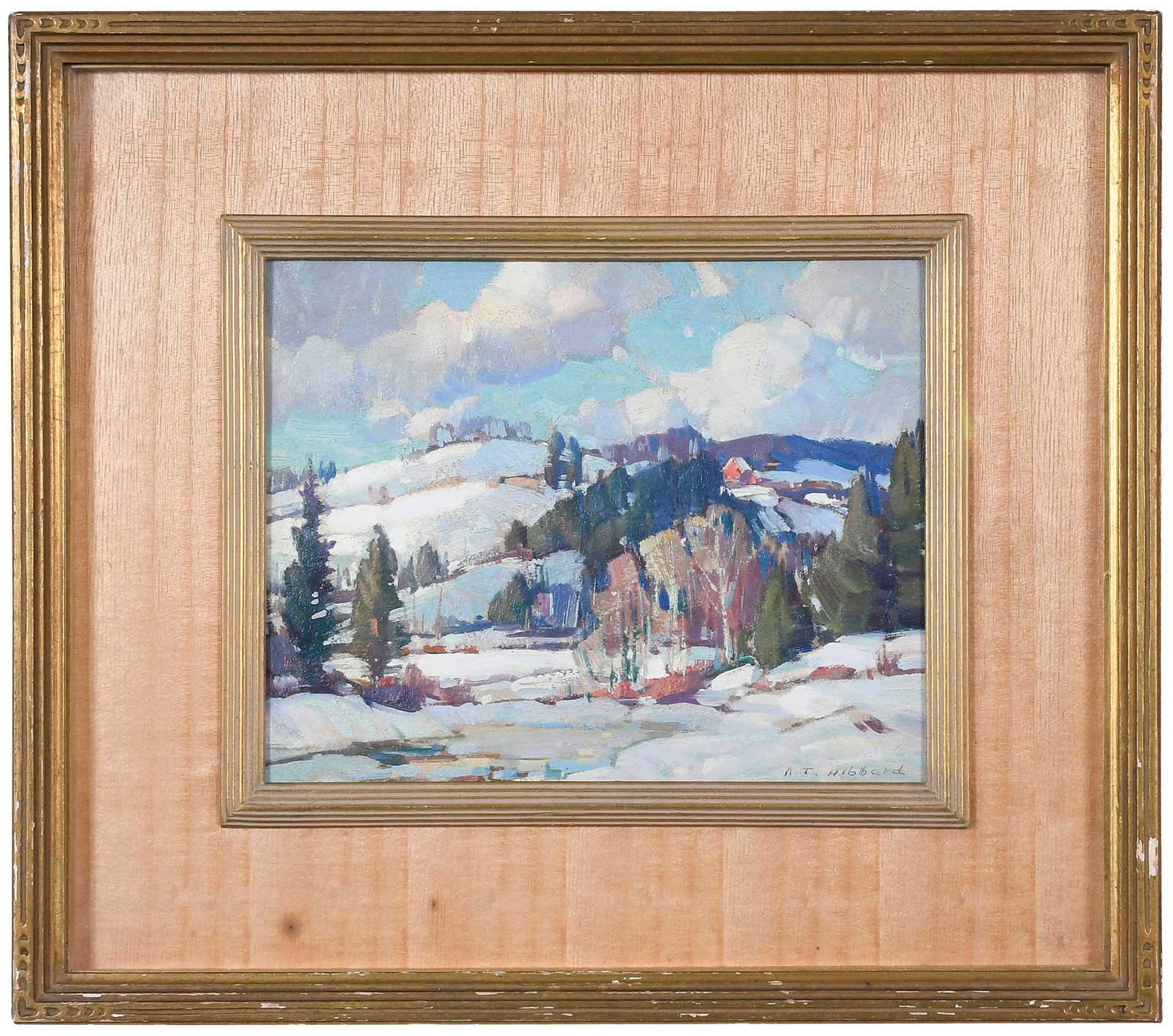 Aldro Thompson Hibbard: (American, 1886-1972) Winter Landscape, signed lower right "A.T. Hibbard,", labeled verso "The Guild of Boston Artists", oil on board, 7-7/8 x 9-7/8 in.; gilt wood frame, 14-7/8 x 16-3/4 x 1-1/4 in.