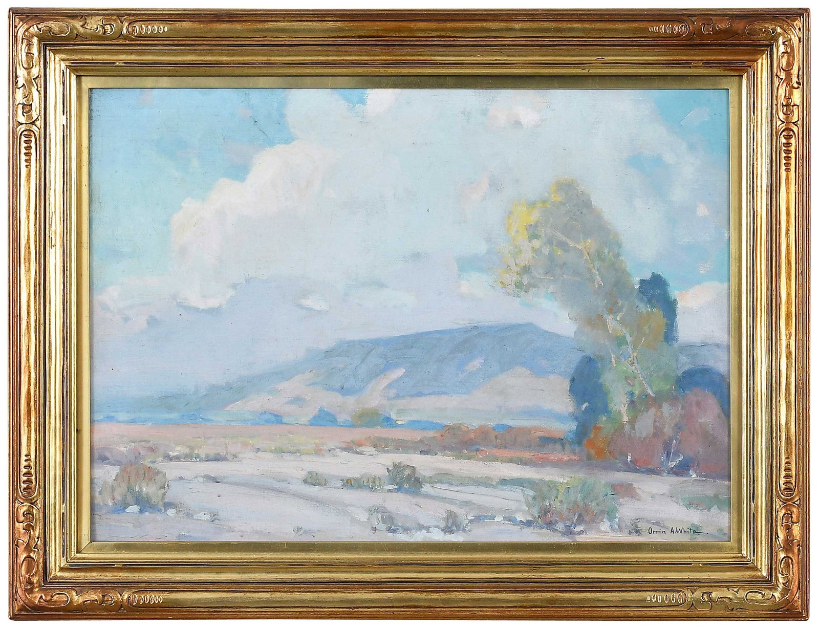 Orrin Augustine White: (American/California, 1883-1969) California Landscape, signed lower right "Orrin A. White," oil on canvas, 18-1/8 x 24-1/8 in.; gilt wood frame, 22-5/8 x 29-5/8 x 2 in. Provenance: The Collection of