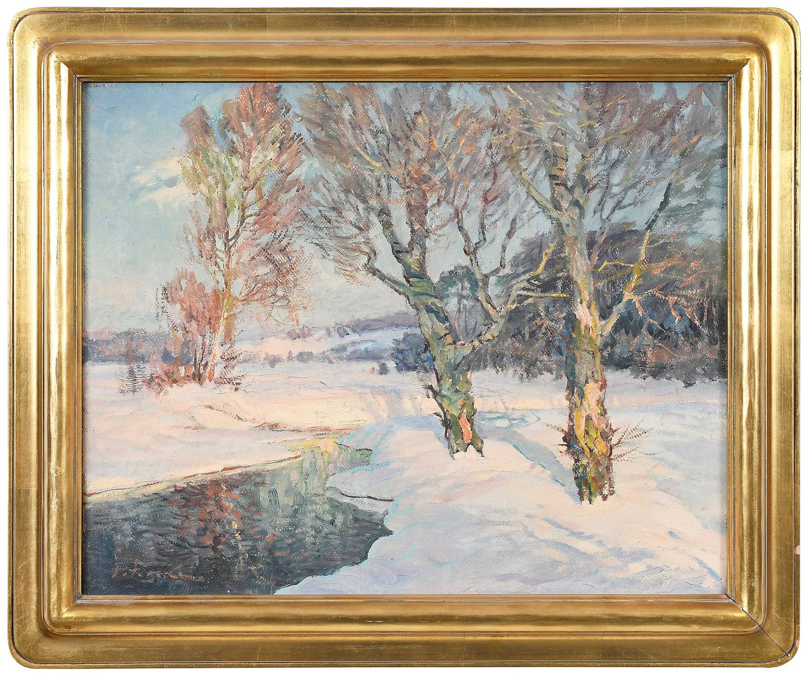 Winter Landscape: (American, 19th/20th century) Snow Scene, signed illegibly lower left, oil on coarse linen, 15-7/8 x 19-5/8 in.; gilt wood frame, 20-1/8 x 24-1/8 x 1-3/4 in. Provenance: The Collection of Joe