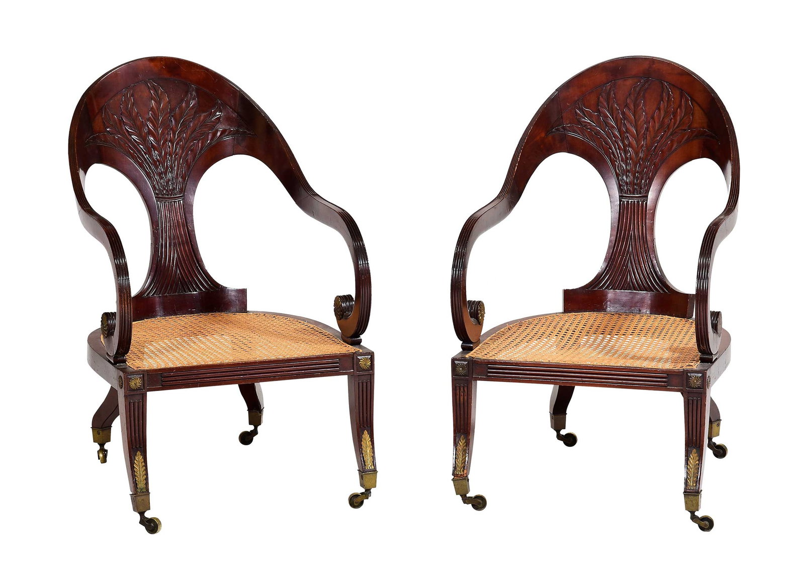 Pair of Classical Carved, Caned and Brass Mounted Mahogany Gondola Chairs (1 of 13)