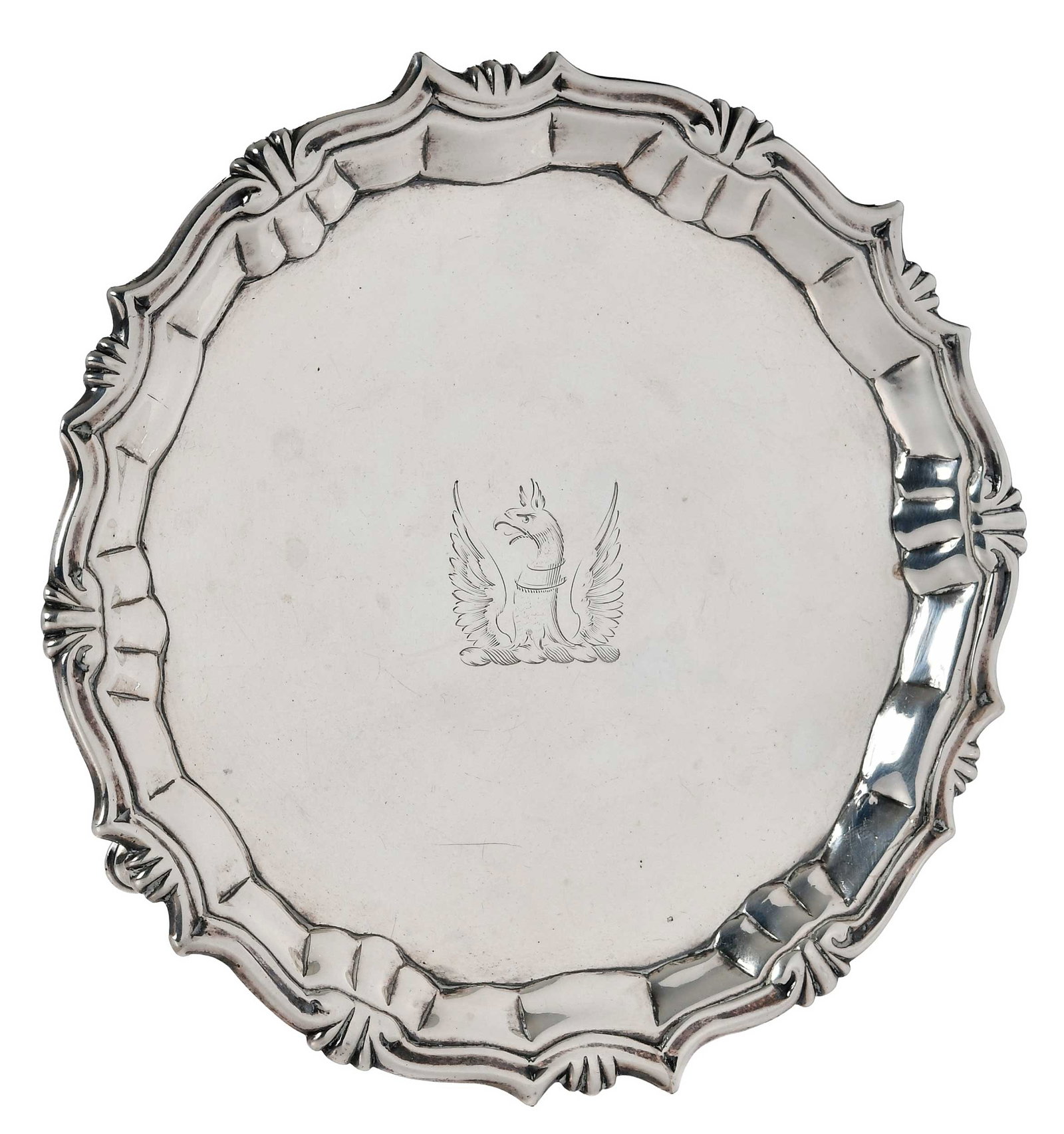 George II English Silver Footed Salver, William Peaston: London, 1749, round form with pad feet, crest, marks for William Peaston, .925 fine, 6.94 oz. T., 1 x 6 in. Provenance: The Collection of Joe Matthews and John Shank, Shepherdstown, West Virginia