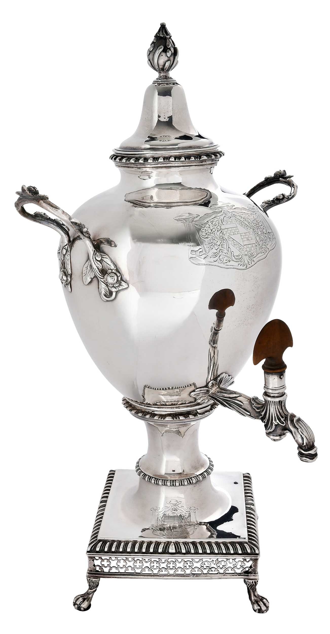 George III English Silver Hot Water Urn, Daniel Smith & Robert Sharp: London, 1764, urn form on stand with openwork border, wooden spout finial, matching coat of arms, marks for Daniel Smith & Robert Sharp, .925 fine, 84.49 oz. T. excluding interior iron collar, 19-3/4 